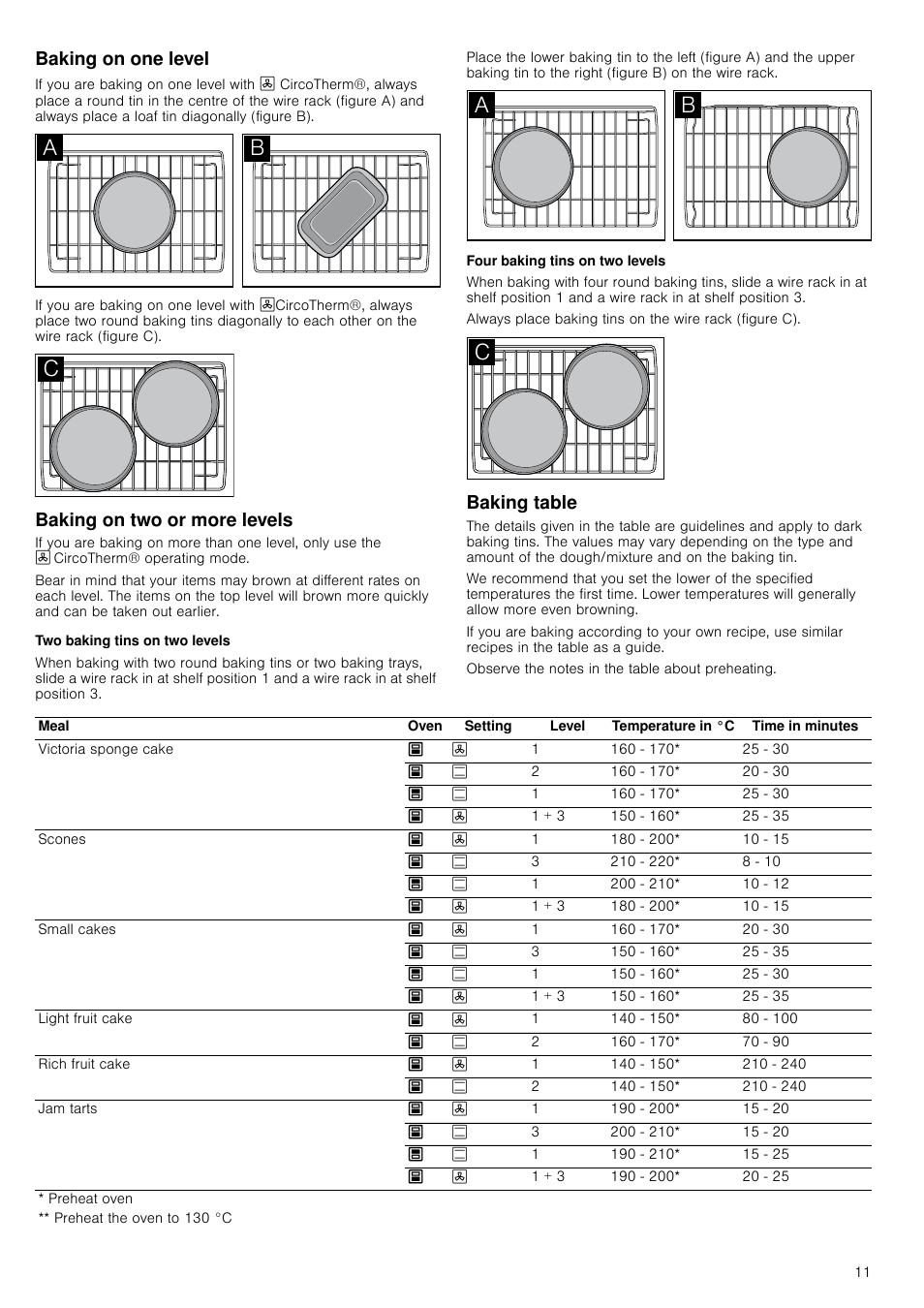 Baking on one level, Baking on two or more levels, Two baking tins on two levels | Four baking tins on two levels, Baking table | Neff U14M42N3GB User Manual | Page 11 / 24