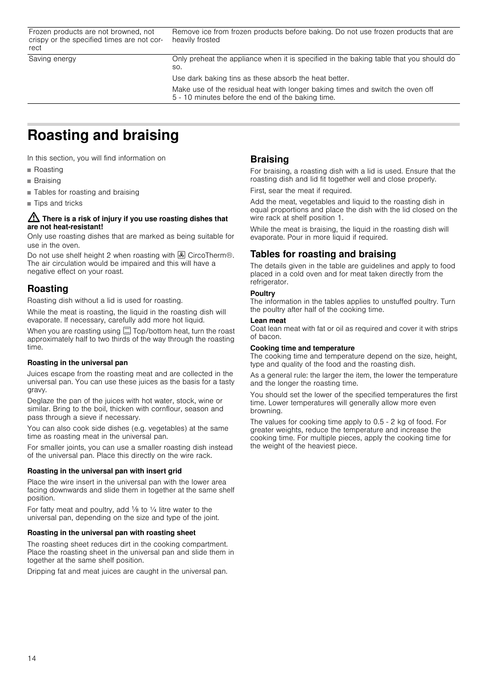 Roasting and braising, Roasting, Roasting in the universal pan | Roasting in the universal pan with insert grid, Roasting in the universal pan with roasting sheet, Braising, Tables for roasting and braising | Neff U14M42N3GB User Manual | Page 14 / 24