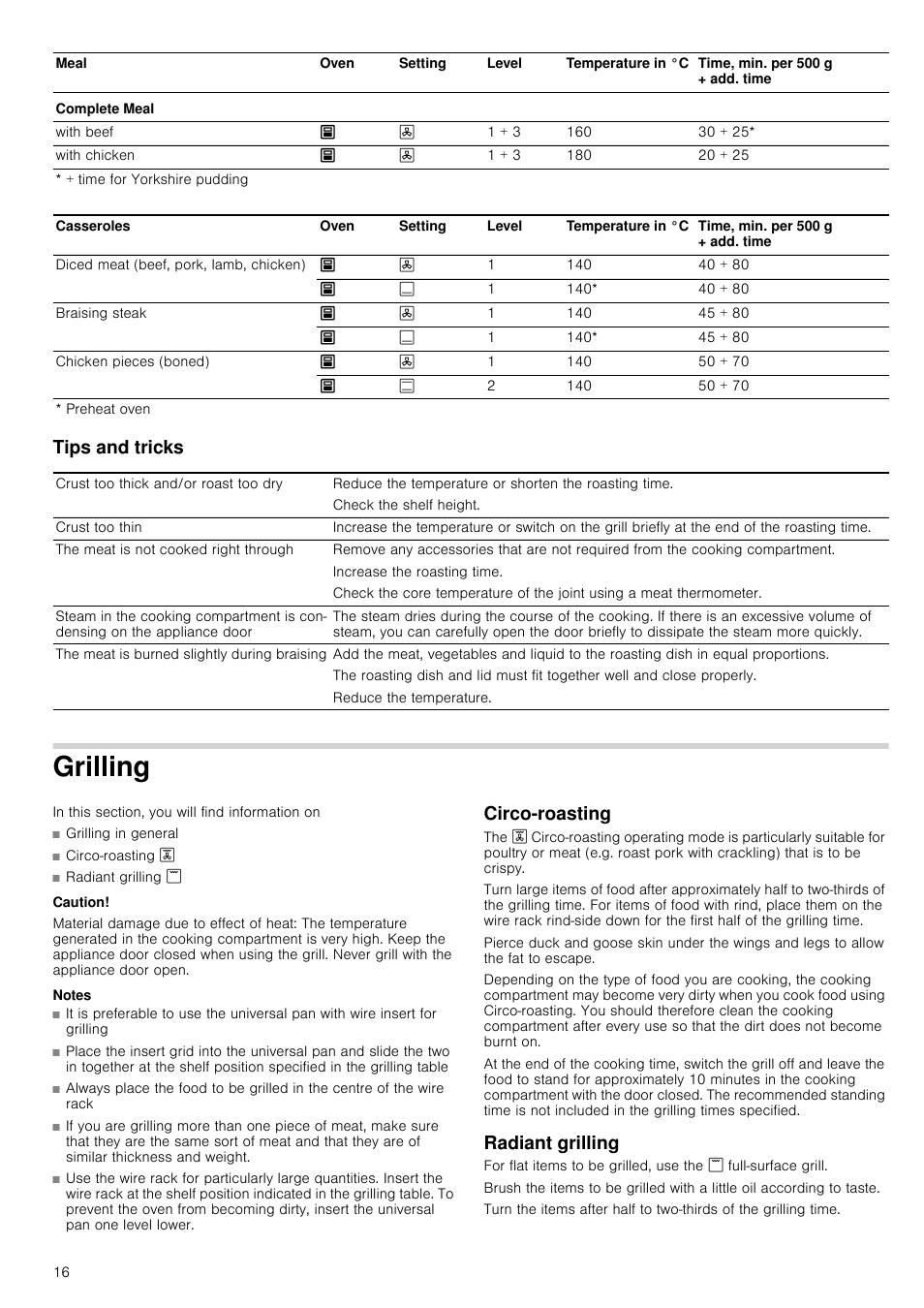 Tips and tricks, Grilling, Caution | Material damage due to effect of heat, Notes, Circo-roasting, Radiant grilling, Circo-roasting radiant grilling | Neff U14M42N3GB User Manual | Page 16 / 24