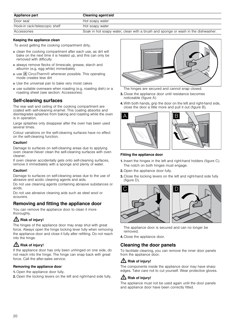 Keeping the appliance clean, Self-cleaning surfaces, Caution | Removing and fitting the appliance door, Risk of injury, Removing the appliance door, Open the appliance door fully, Fitting the appliance door, Close the appliance door, Cleaning the door panels | Neff U14M42N3GB User Manual | Page 20 / 24