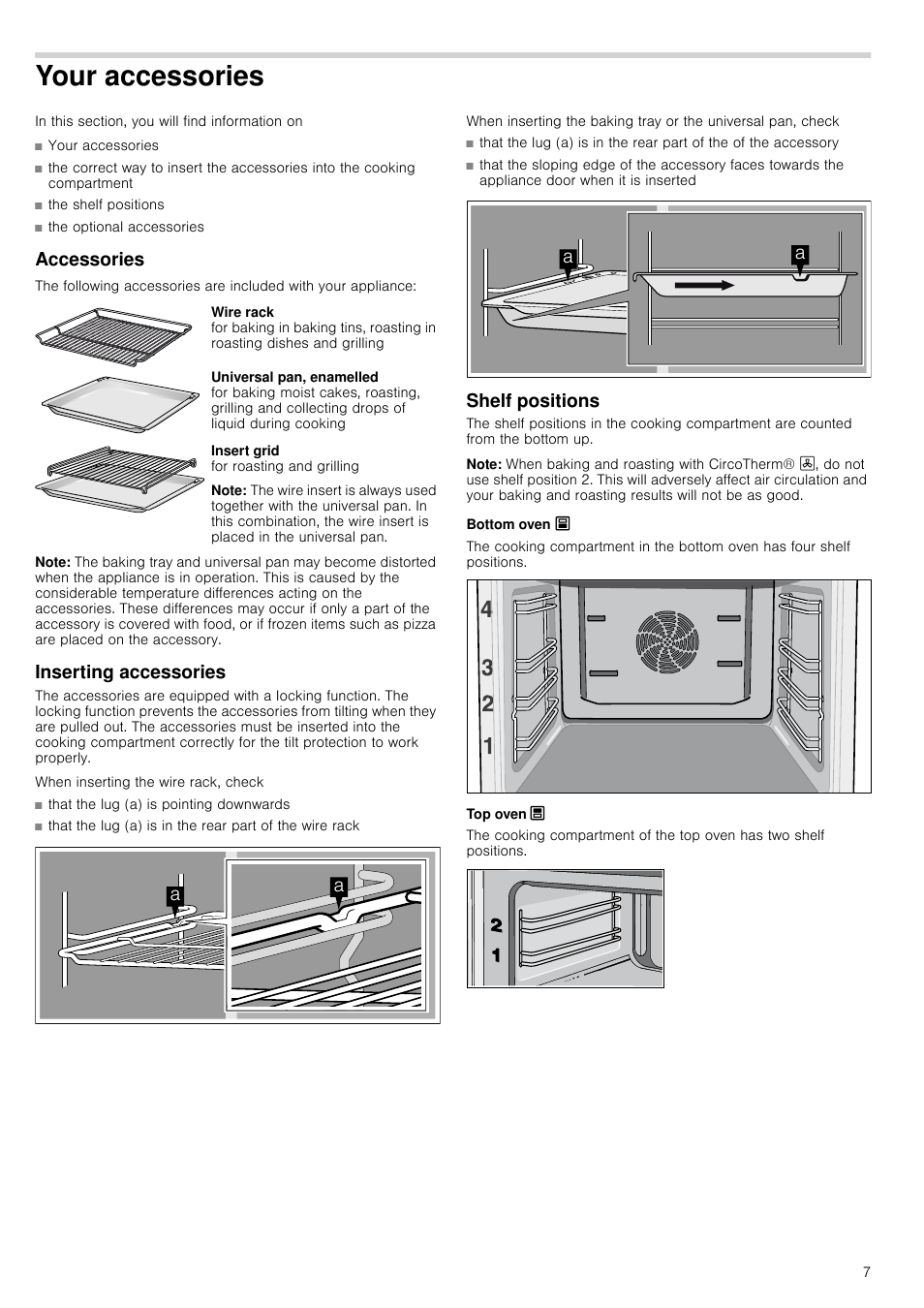 Your accessories, Accessories, Note | Inserting accessories, Shelf positions, Bottom oven õ, Top oven ô | Neff U14M42N3GB User Manual | Page 7 / 24