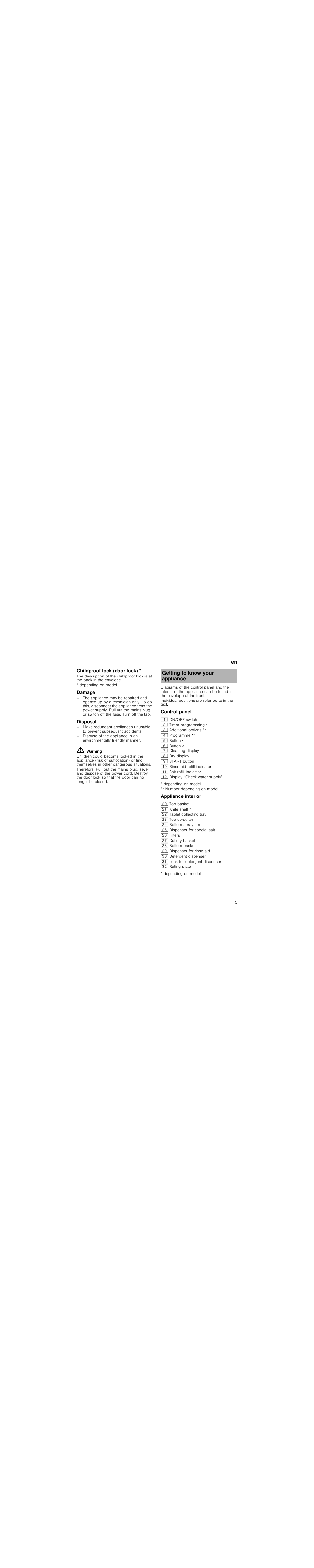 Special salt, Using special salt, Depending on model | M warning | Neff S51E50X1GB User Manual | Page 5 / 28