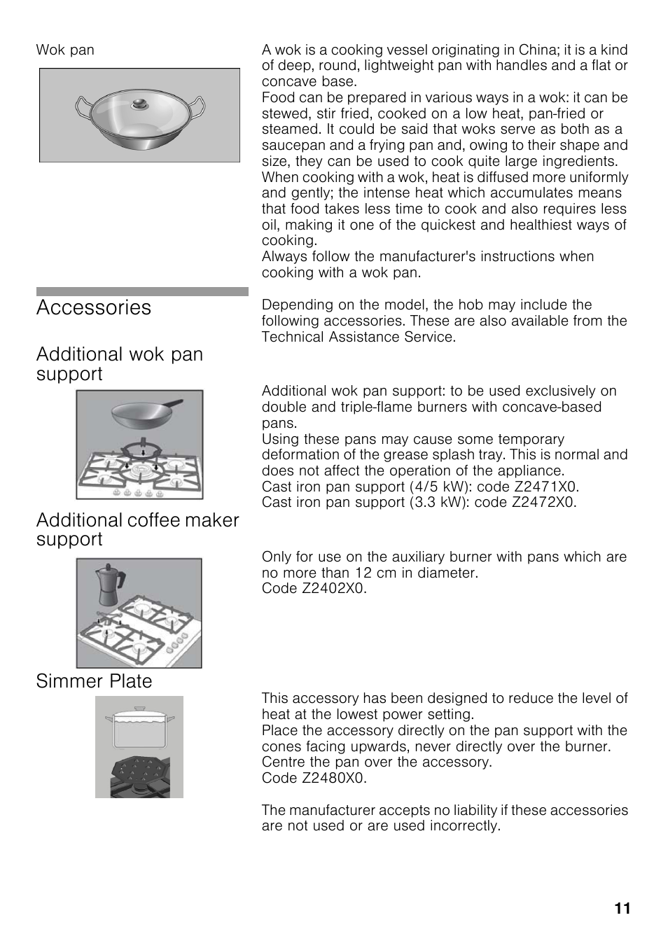 Wok pan, Additional wok pan support, Additional coffee maker support | Simmer plate, Accessories | Neff T25S56N0GB User Manual | Page 10 / 15