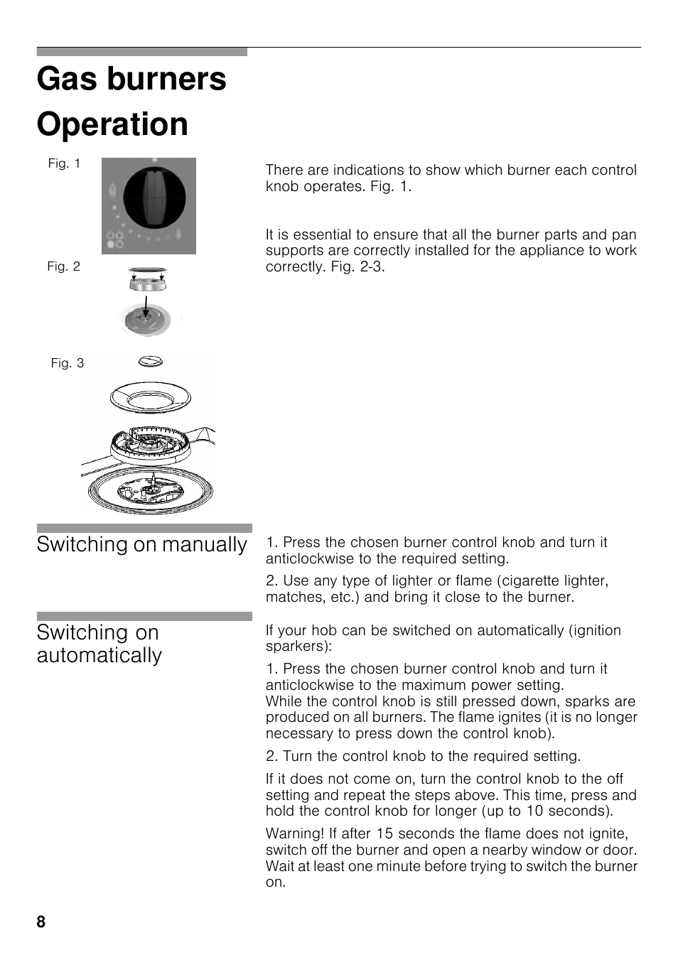 Operation, Gas burners operation, Switching on manually | Switching on automatically | Neff T25S56N0GB User Manual | Page 7 / 15