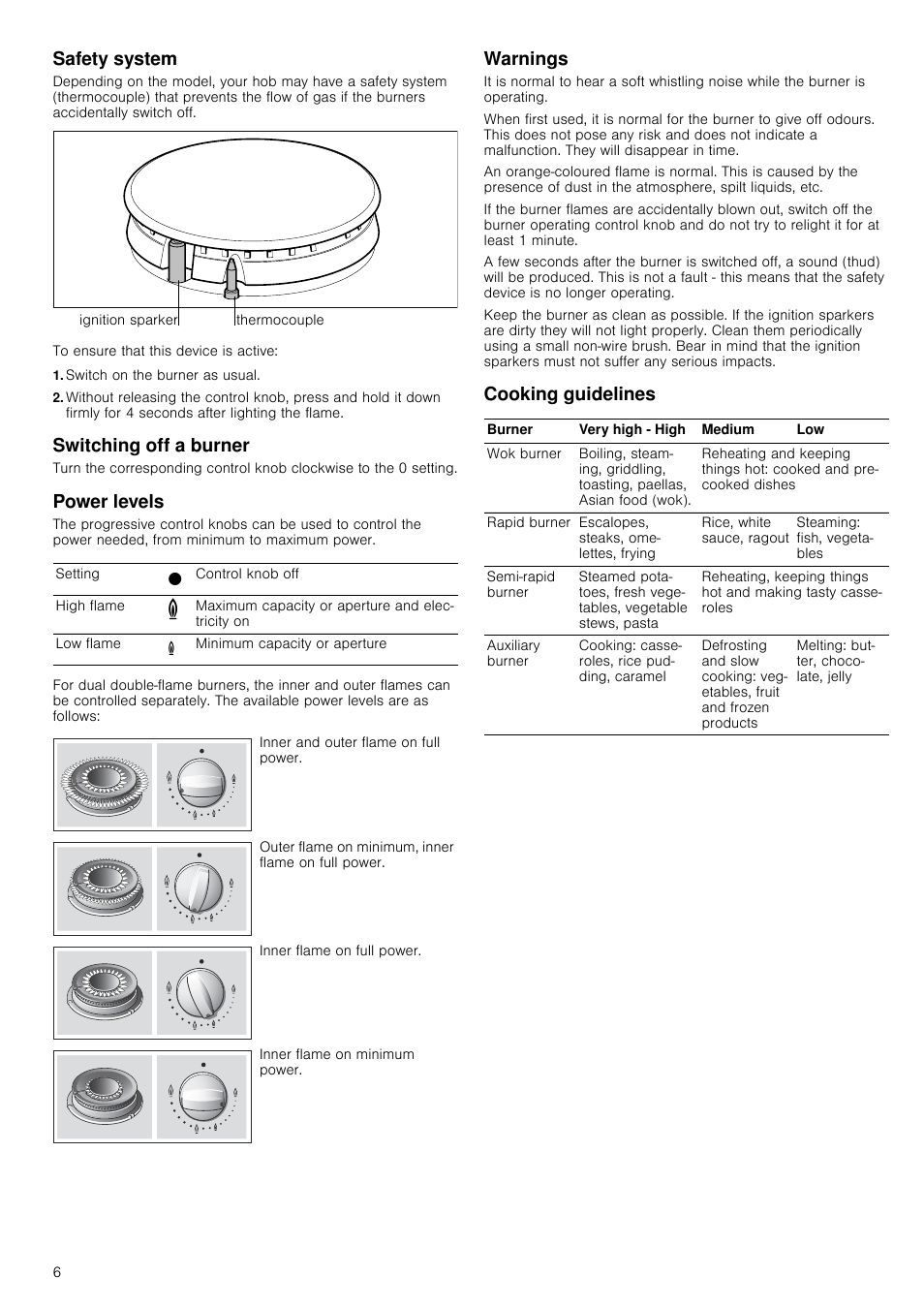 Safety system, Switch on the burner as usual, Switching off a burner | Power levels, Warnings, Cooking guidelines | Neff T23S36N0GB User Manual | Page 6 / 10