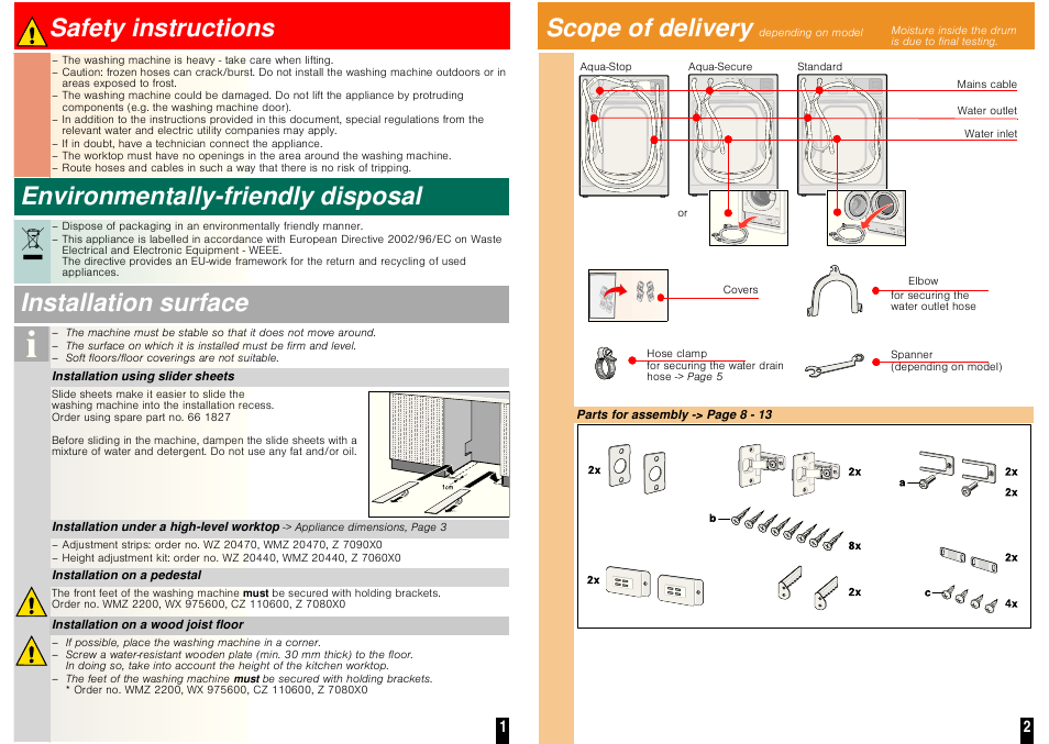 Safety instructions, Environmentally-friendly disposal, Installation surface | Scope of delivery, ʑ ʑ ʑ ʑ, ʑ ʑ ʑ | Neff W5440X1GB User Manual | Page 3 / 10