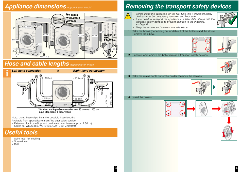 Appliance dimensions, Hose and cable lengths, Useful tools | Removing the transport safety devices, ʑ ʑ ʑ ʑ, ʑ ʑ ʑ | Neff W5440X1GB User Manual | Page 4 / 10