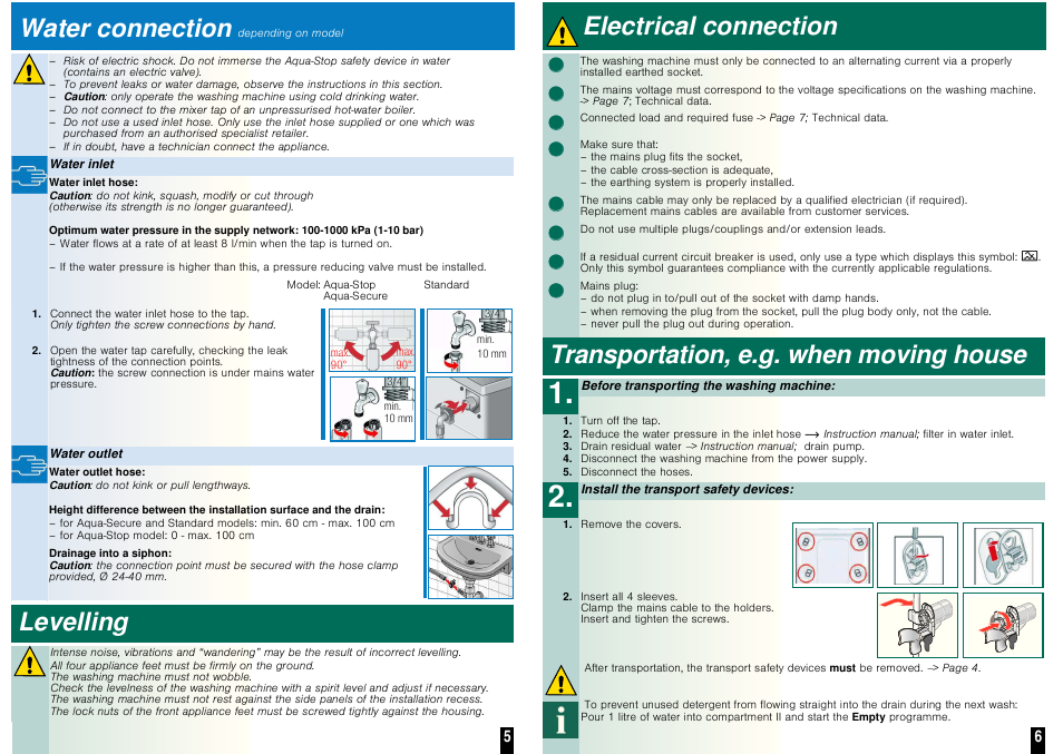 Water connection, Levelling, Electrical connection ʑ | Transportation, e.g. when moving house, ʑ ʑ ʑ | Neff W5440X1GB User Manual | Page 5 / 10