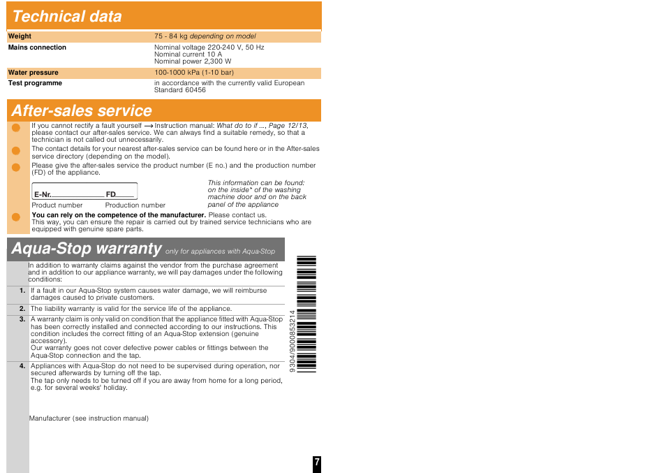 ʑ ʑ ʑ ʑ, Technical data, After-sales service | Aqua-stop warranty | Neff W5440X1GB User Manual | Page 6 / 10