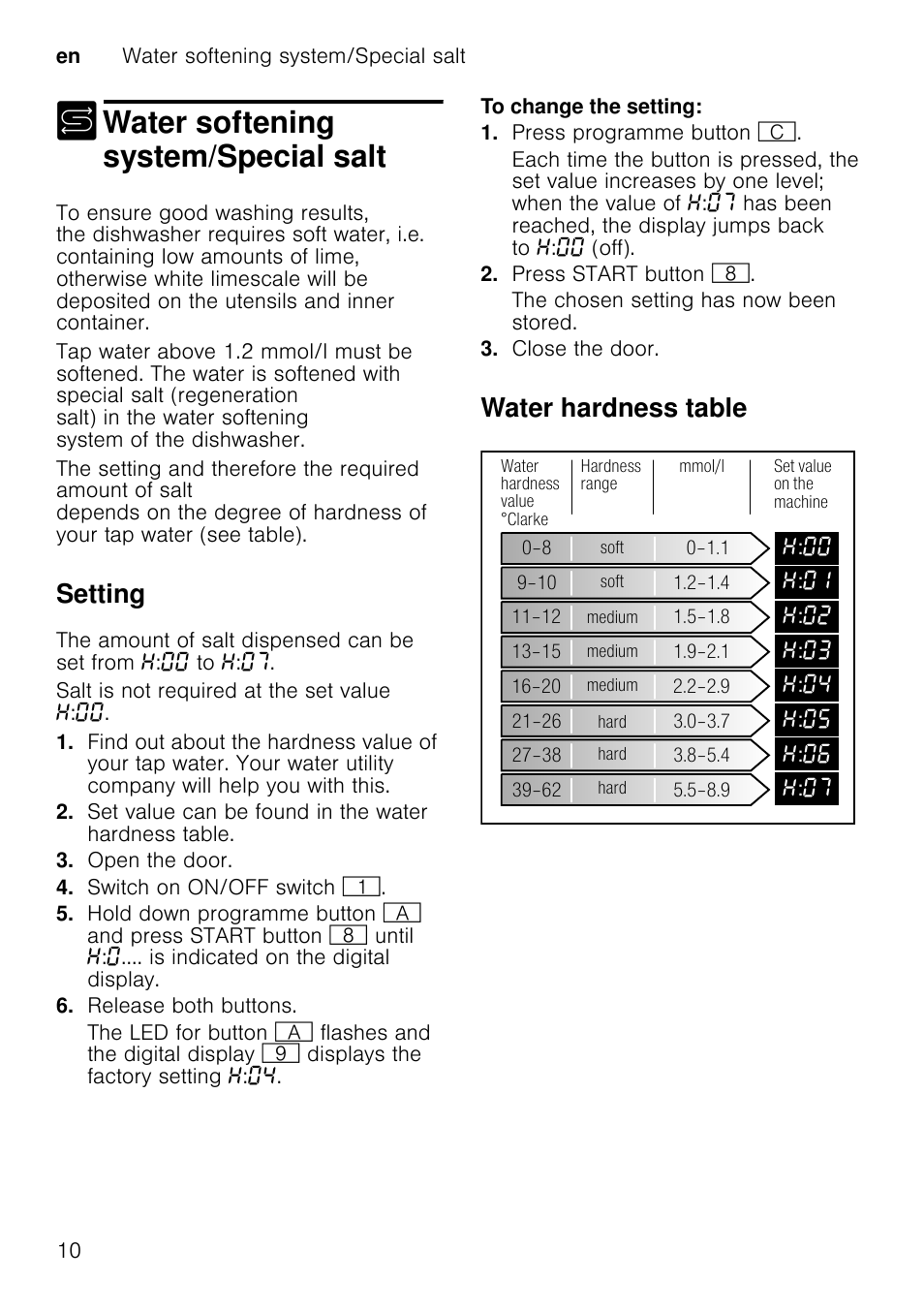 Rinse aid, Close cover until it clicks shut, Setting amount of rinse aid | Open the door, Switch on on/off switch, Release both buttons, Water softening system/special salt, Setting, Water hardness table, En water softening system/special salt 10 | Neff S58T69X0GB User Manual | Page 10 / 42