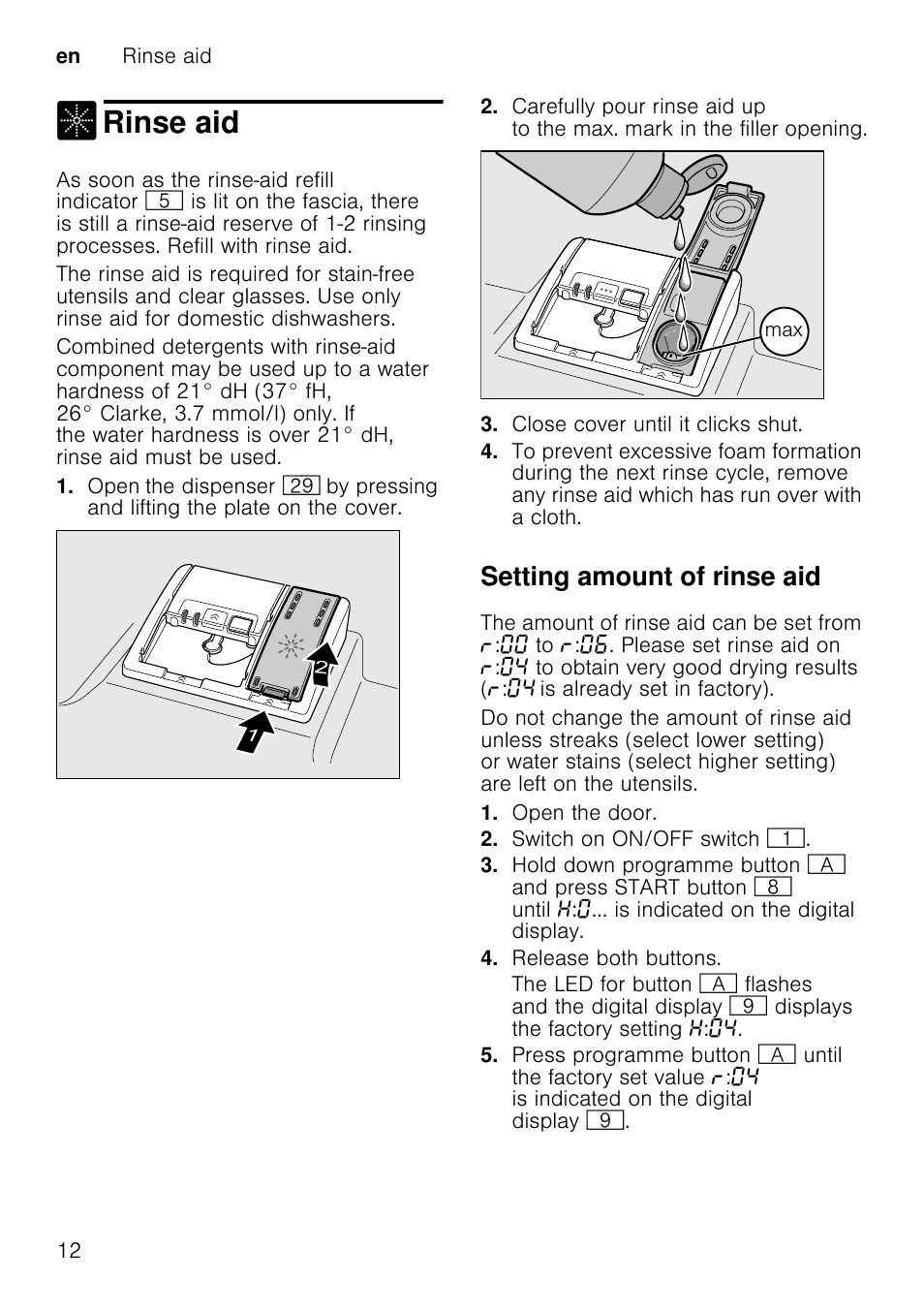 Loading the dishwasher, Place the utensils so that, Unloading the dishwasher | Note, Cups and glasses, Pans, Rinse aid, Setting amount of rinse aid, En rinse aid 12 | Neff S58T69X0GB User Manual | Page 12 / 42