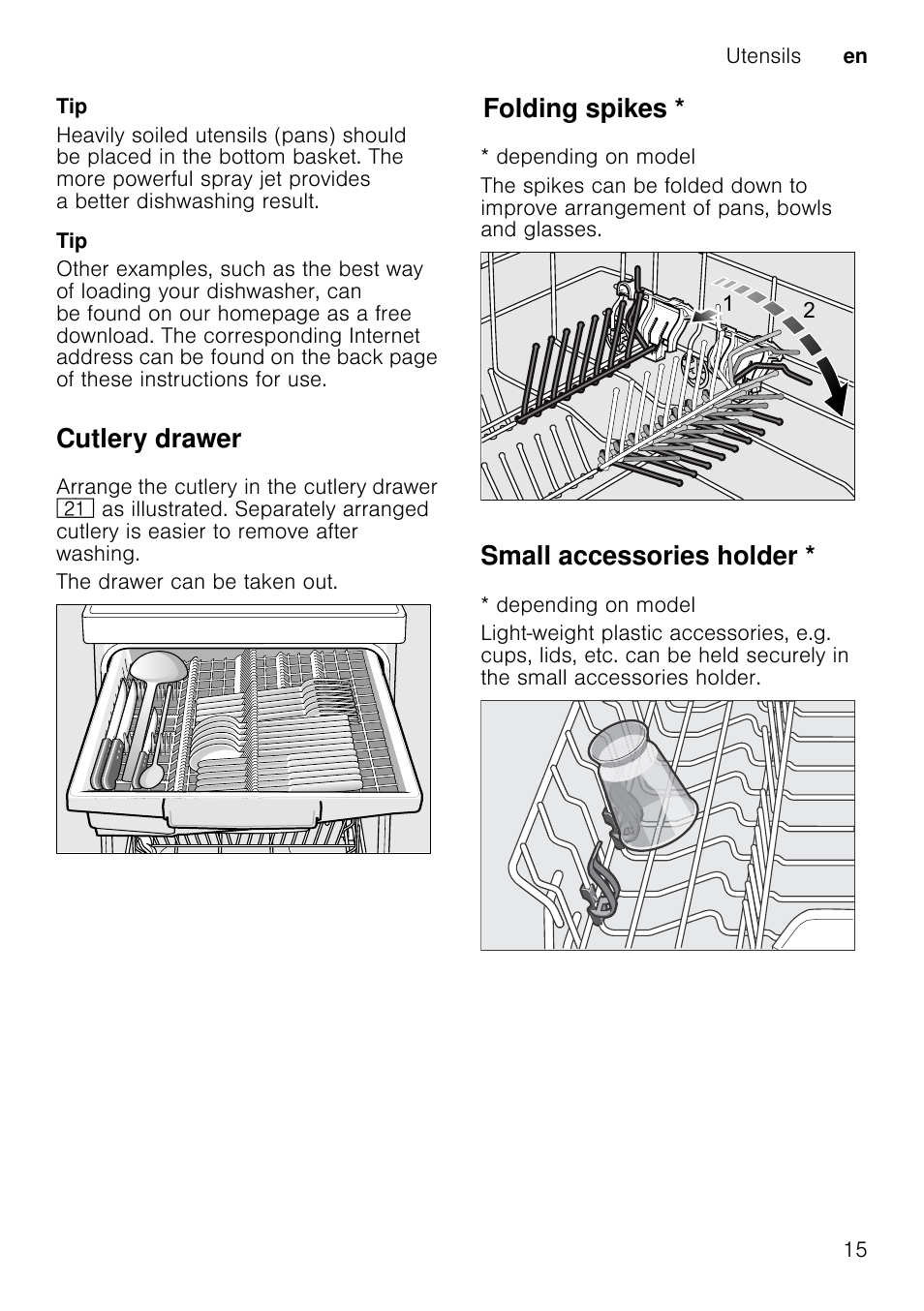 Adding detergent, Cutlery drawer, Folding spikes | Small accessories holder | Neff S58T69X0GB User Manual | Page 15 / 42