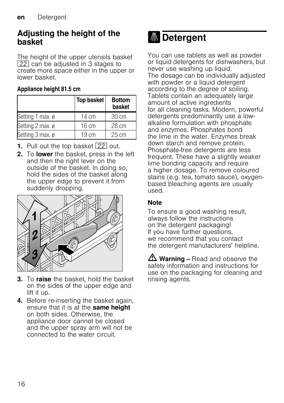 Combination detergent, M warning, Notes | Detergent, Adjusting the height of the basket | Neff S58T69X0GB User Manual | Page 16 / 42