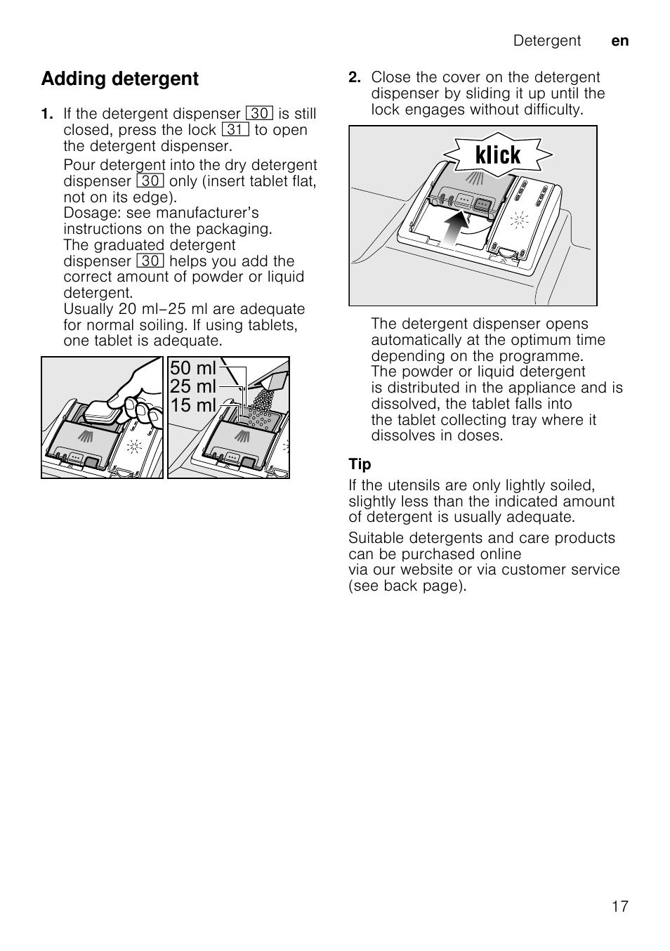 Overview of programmes, Type of utensils, Type of soiling | Programme, Possible additional options, Programme sequence, Adding detergent, Po po po | Neff S58T69X0GB User Manual | Page 17 / 42