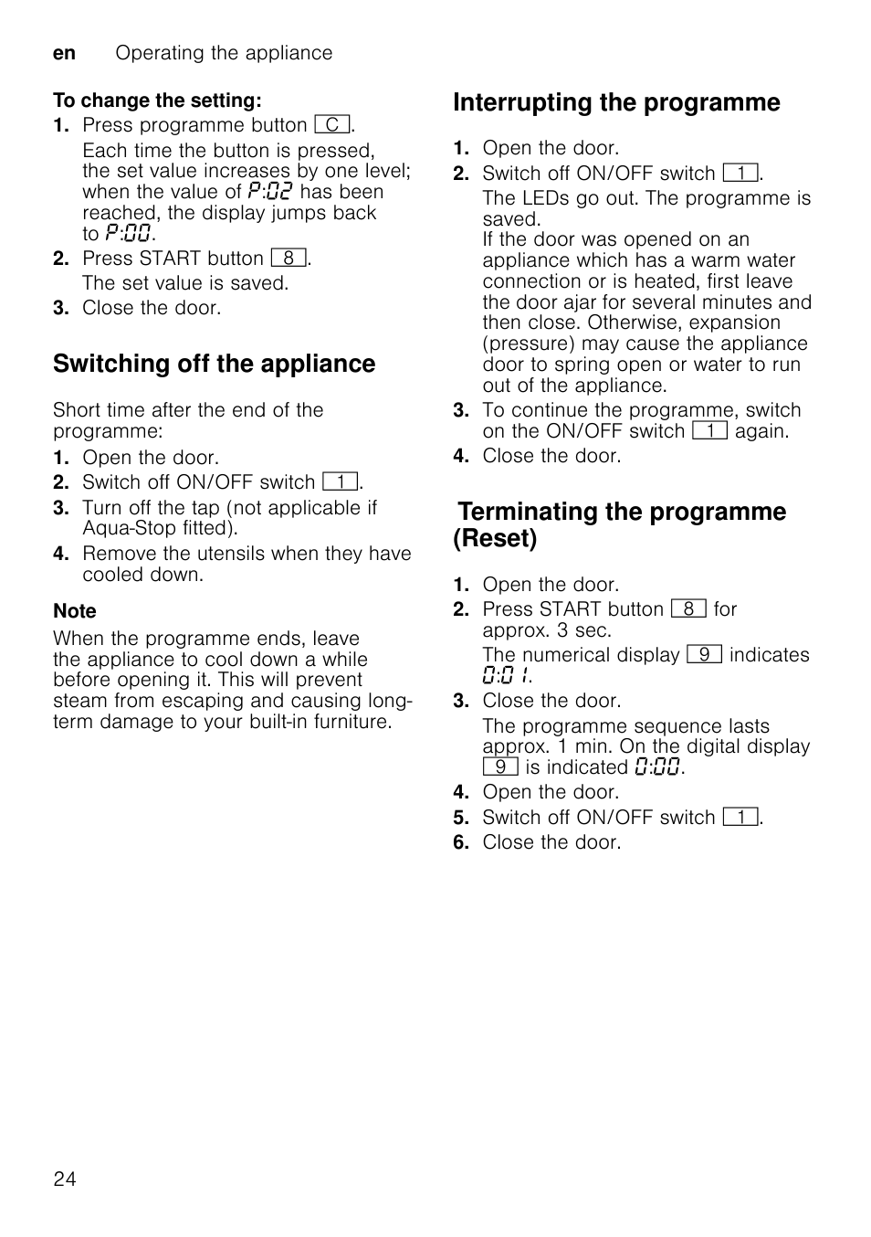 M warning, Health hazard, Special salt and rinse aid | Filters, Switching off the appliance, Interrupting the programme, Terminating the programme (reset) | Neff S58T69X0GB User Manual | Page 24 / 42