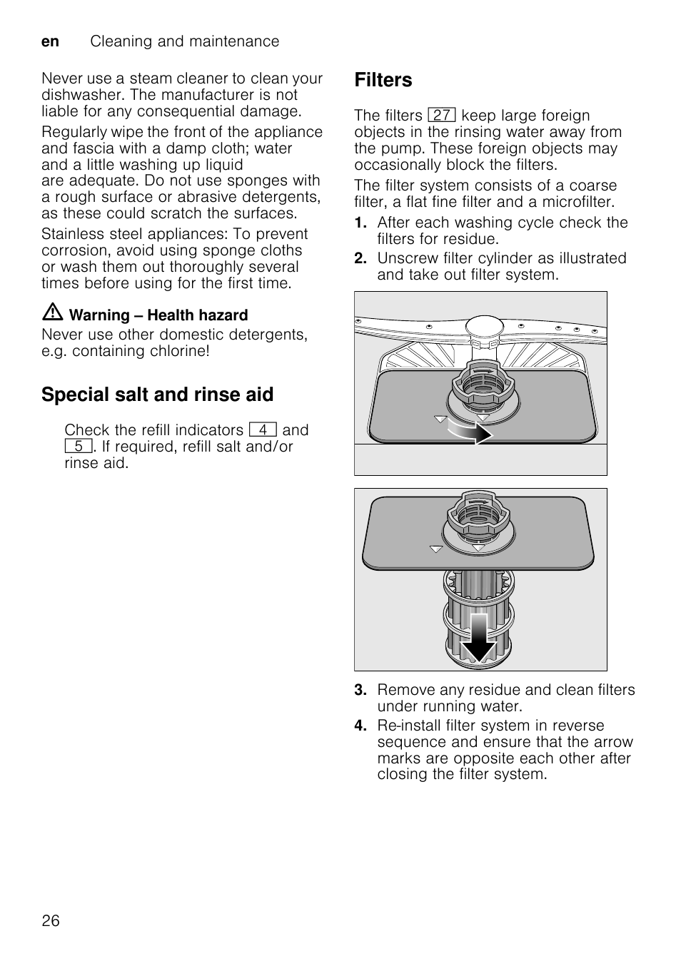 Waste water pump, M warning, Risk of cuts | Take out top basket 12 and bottom basket 1b, Remove the filters 1z, Scoop out water, use a sponge if required, Install filters, Re-insert baskets, Special salt and rinse aid, Filters | Neff S58T69X0GB User Manual | Page 26 / 42