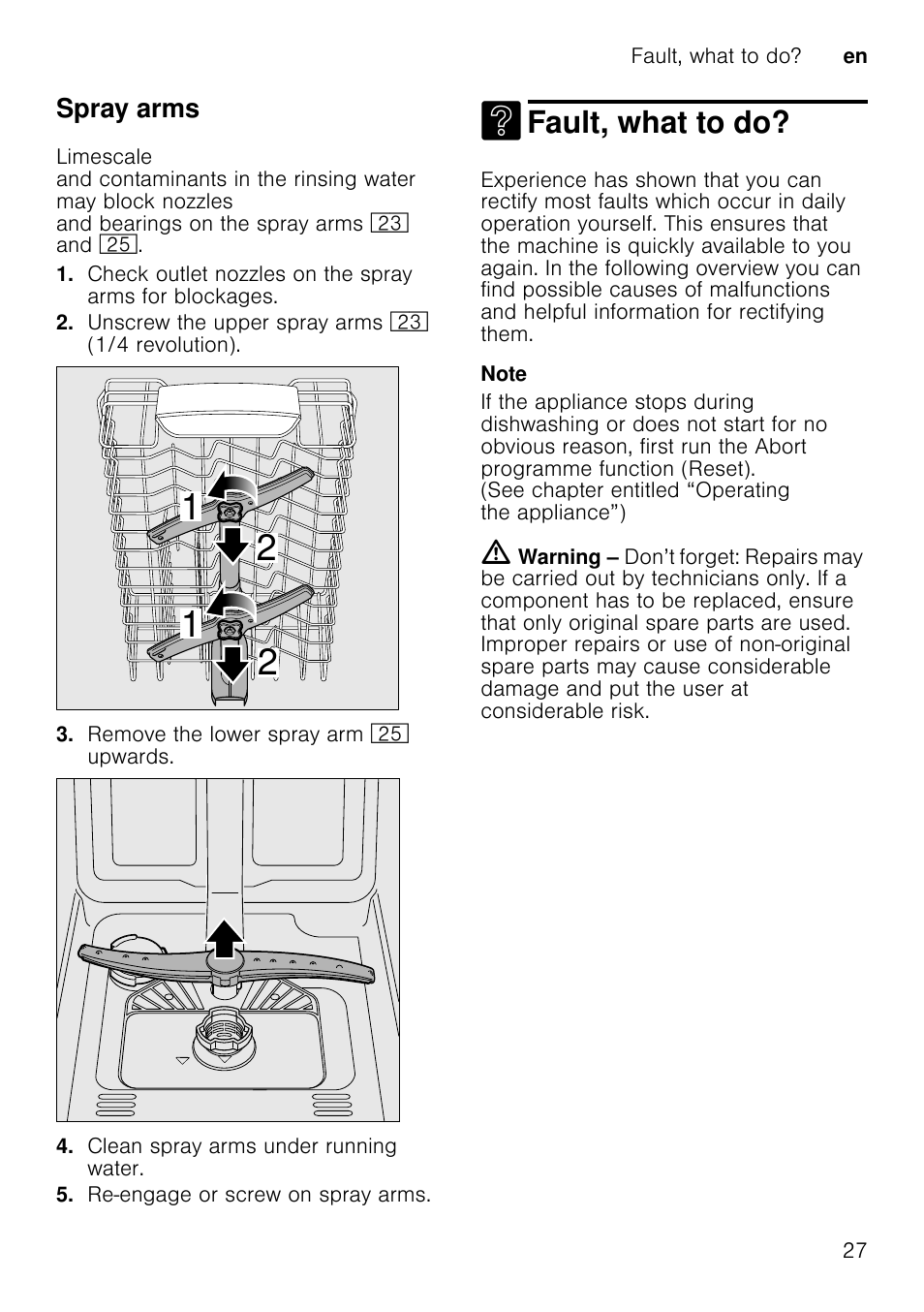 Fault table, Fault, Cause | Remedial action, Fault, what to do, Spray arms, Fault, what to do? en 27 | Neff S58T69X0GB User Manual | Page 27 / 42
