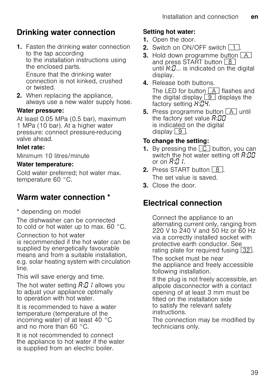 Drinking water connection, Warm water connection, Electrical connection | Neff S58T69X0GB User Manual | Page 39 / 42