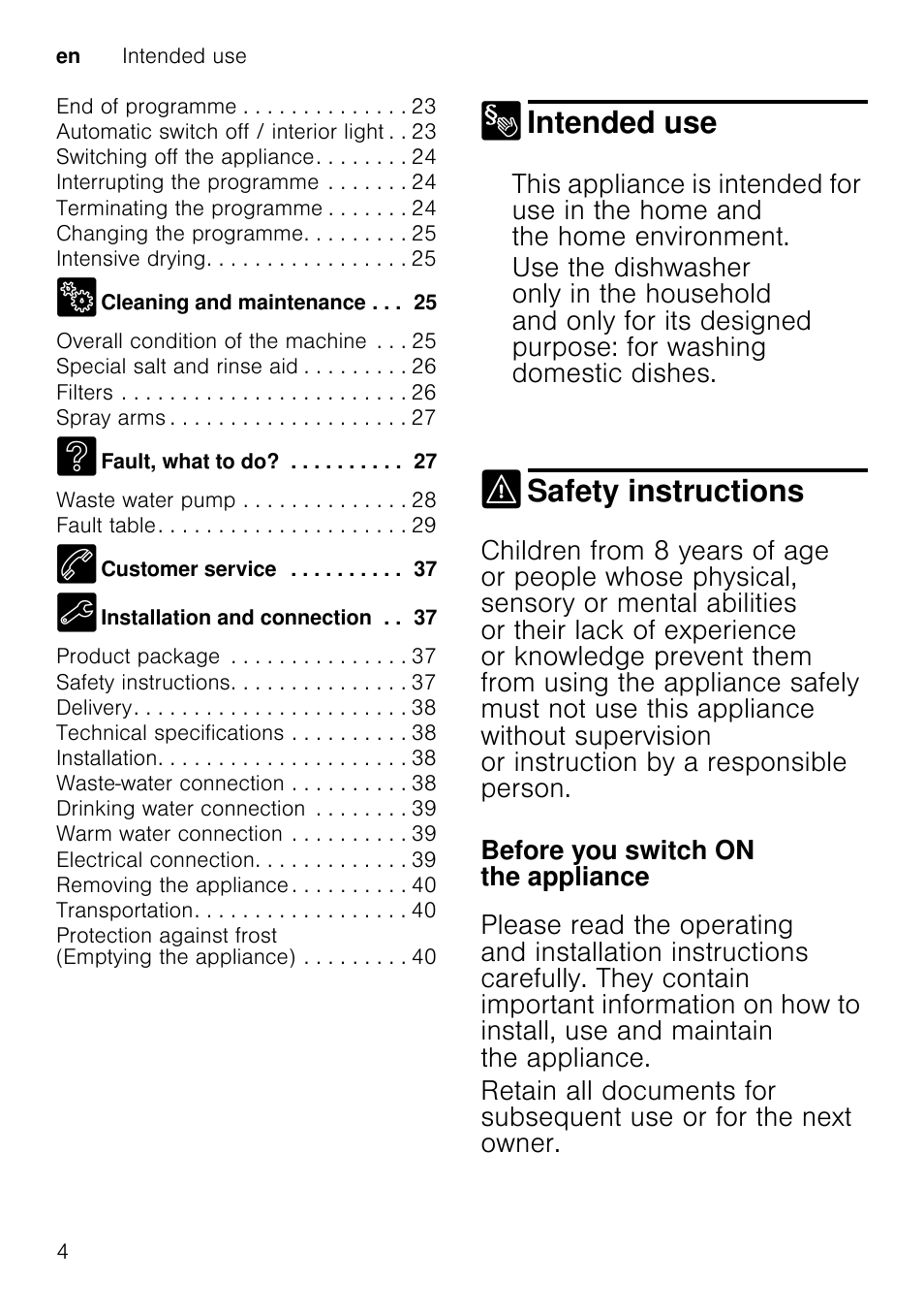 In daily use, Childproof lock (door lock)door lock, Damage | Intended use, Safety instructions, Fault, what to do ? waste water pum p fault table, Customer service | Neff S58T69X0GB User Manual | Page 4 / 42