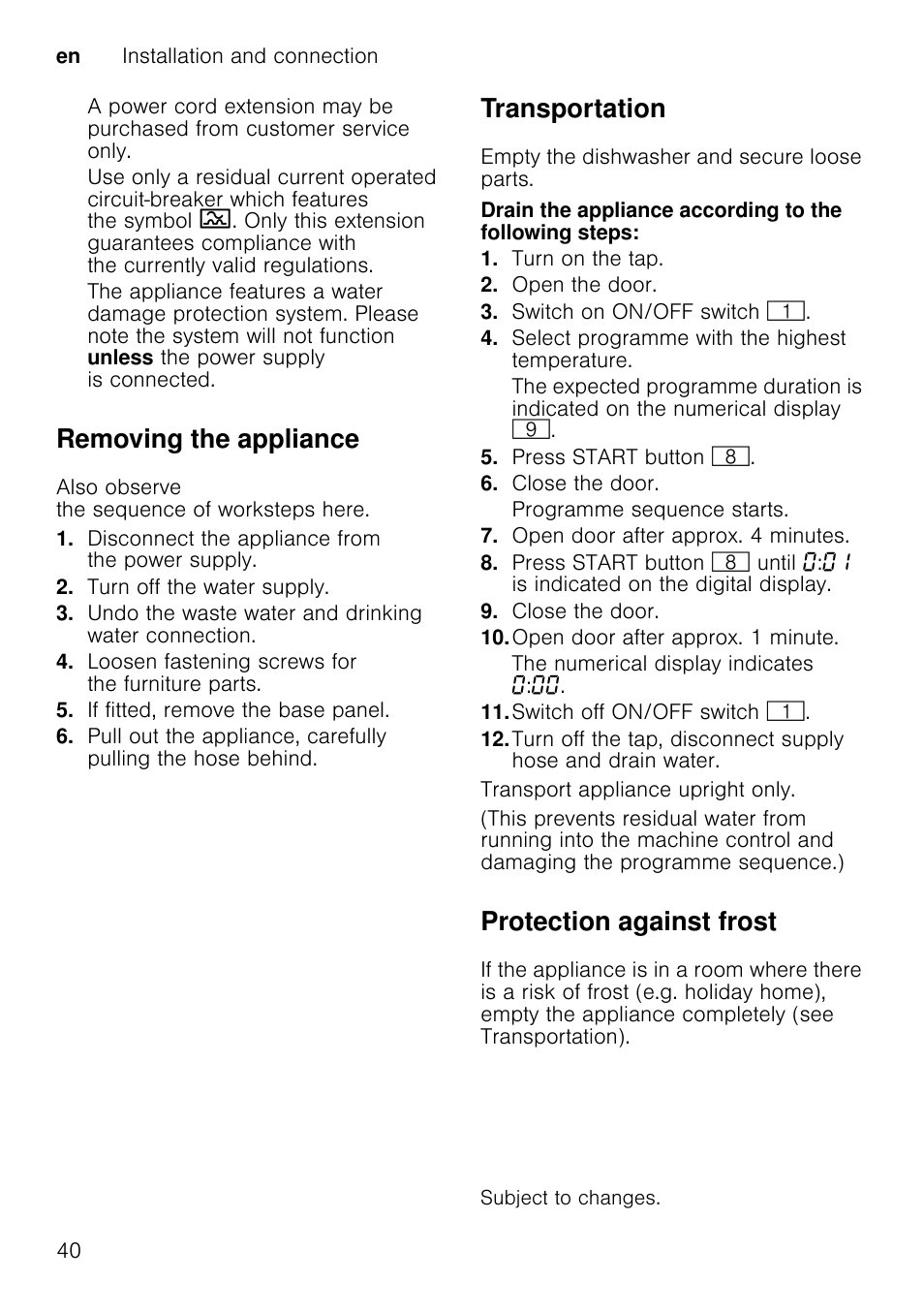 Removing the appliance, Transportation, Protection against frost | Neff S58T69X0GB User Manual | Page 40 / 42