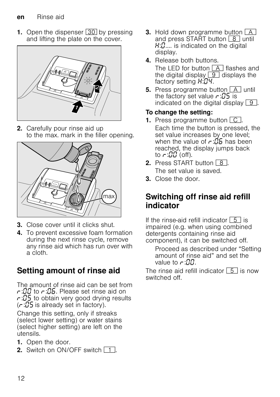 Cups and glasses, Pans, Cutlery basket | Etagereetagere, Setting amount of rinse aid, Switching off rinse aid refill indicator | Neff S51M53X1GB User Manual | Page 12 / 42