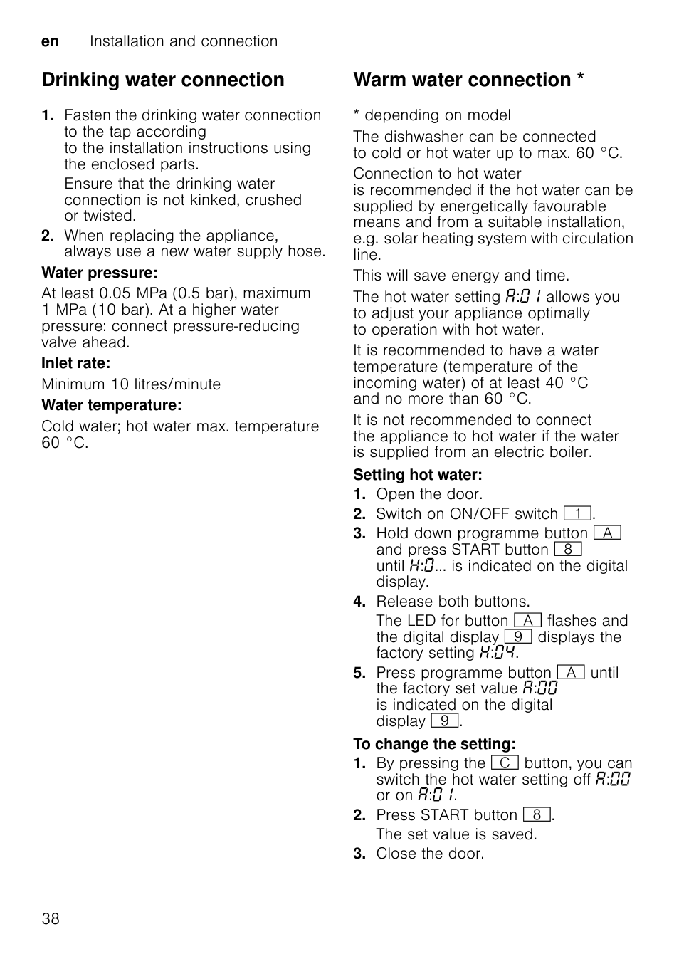 Transportation, Turn on the tap, Open the door | Switch on on/off switch, Select programme with the highest temperature, Press start button, Close the door, Open door after approx. 4 minutes, Open door after approx. 1 minute, Switch off on/off switch | Neff S51M53X1GB User Manual | Page 38 / 42