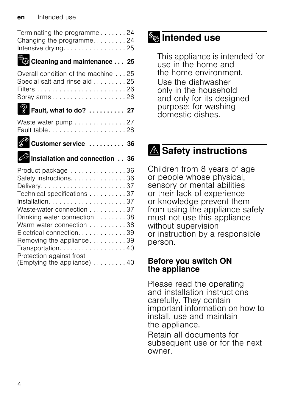 In daily use, Childproof lock (door lock)door lock, Damage | Disposal, Intended use, Safety instructions, Fault, what to do ? waste water pum p fault table, Customer service | Neff S51M53X1GB User Manual | Page 4 / 42
