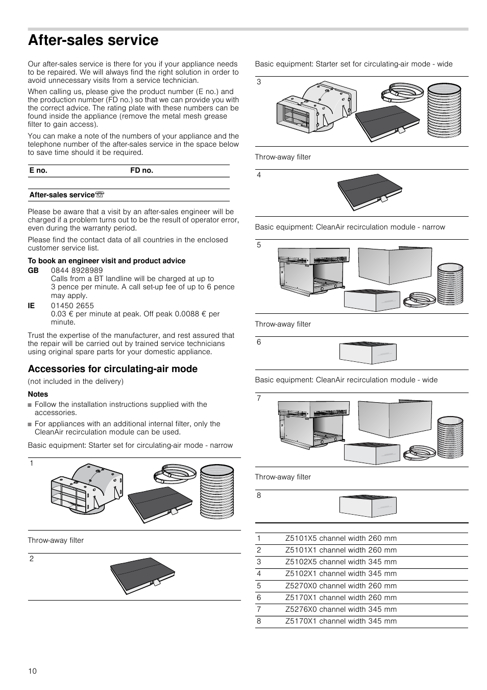 After-sales service, To book an engineer visit and product advice, Accessories for circulating-air mode | Notes, Throw-away filter, Vice accessories for circulating-air mode | Neff D39GL64S0B User Manual | Page 10 / 16