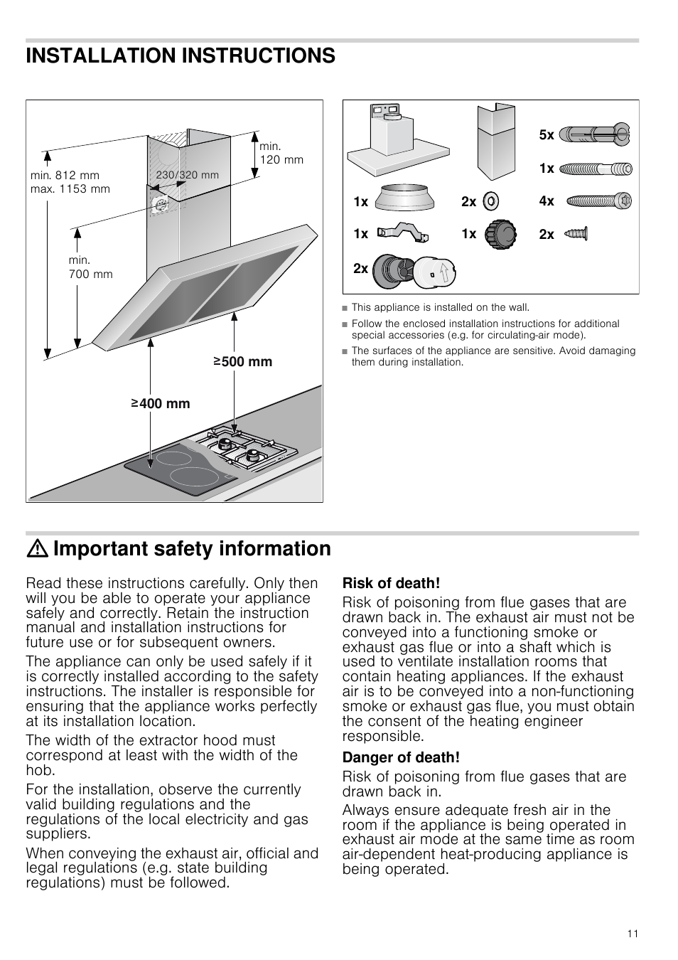 Installation instructions, Important safety information, Risk of death | Danger of death | Neff D39GL64S0B User Manual | Page 11 / 16