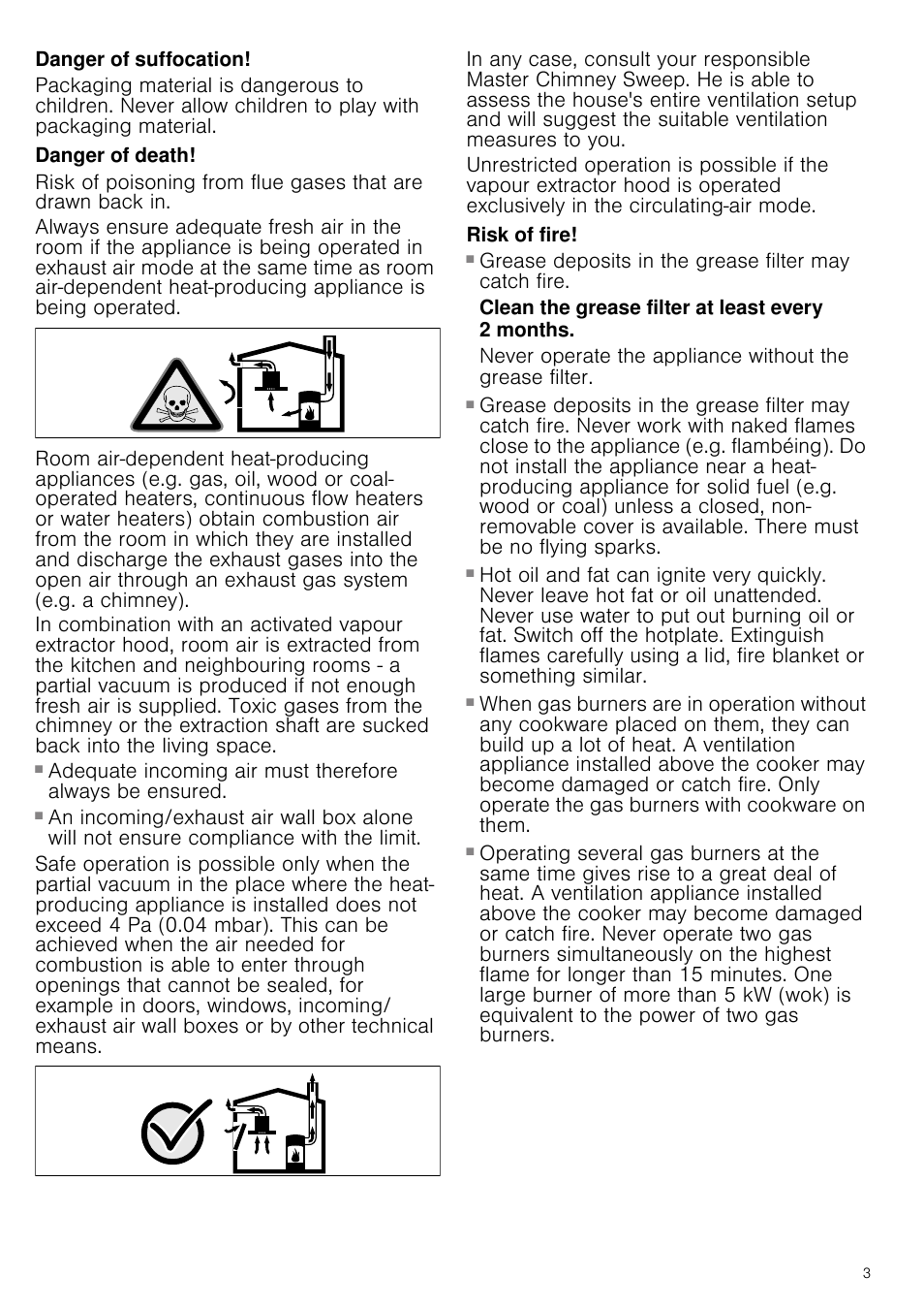 Danger of suffocation, Danger of death, Risk of fire | Clean the grease filter at least every 2 months | Neff D39GL64S0B User Manual | Page 3 / 16