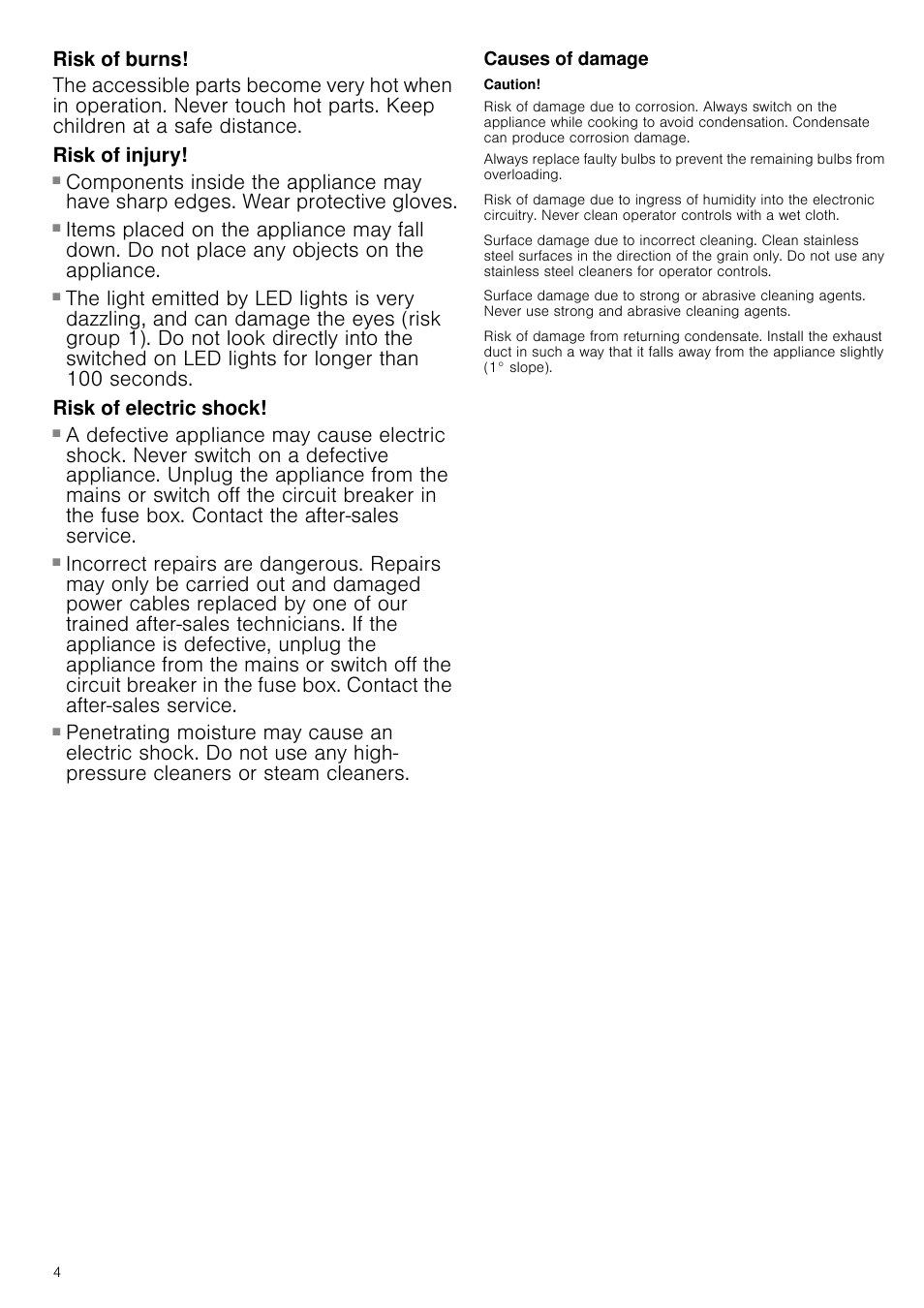 Risk of burns, Risk of injury, Risk of electric shock | Causes of damage, Caution | Neff D39GL64S0B User Manual | Page 4 / 16