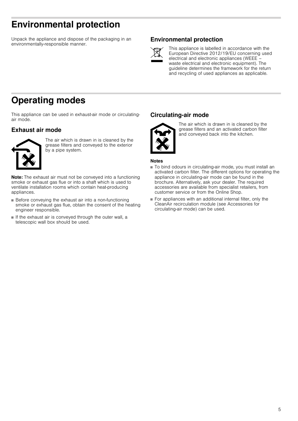 Environmental protection, Operating modes, Exhaust air mode | Note, Circulating-air mode, Notes, Ating modes exhaust air mode circulating-air mode | Neff D39GL64S0B User Manual | Page 5 / 16