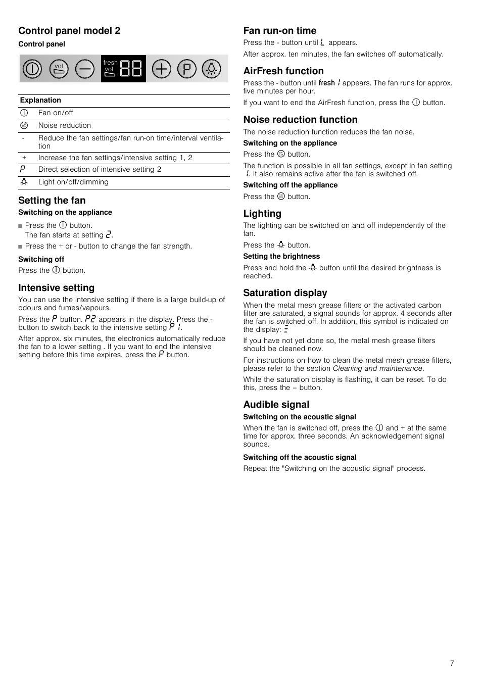 Control panel model 2, Control panel, Setting the fan | Intensive setting, Fan run-on time, Airfresh function, Noise reduction function, Lighting, Saturation display, Audible signal | Neff D39GL64S0B User Manual | Page 7 / 16