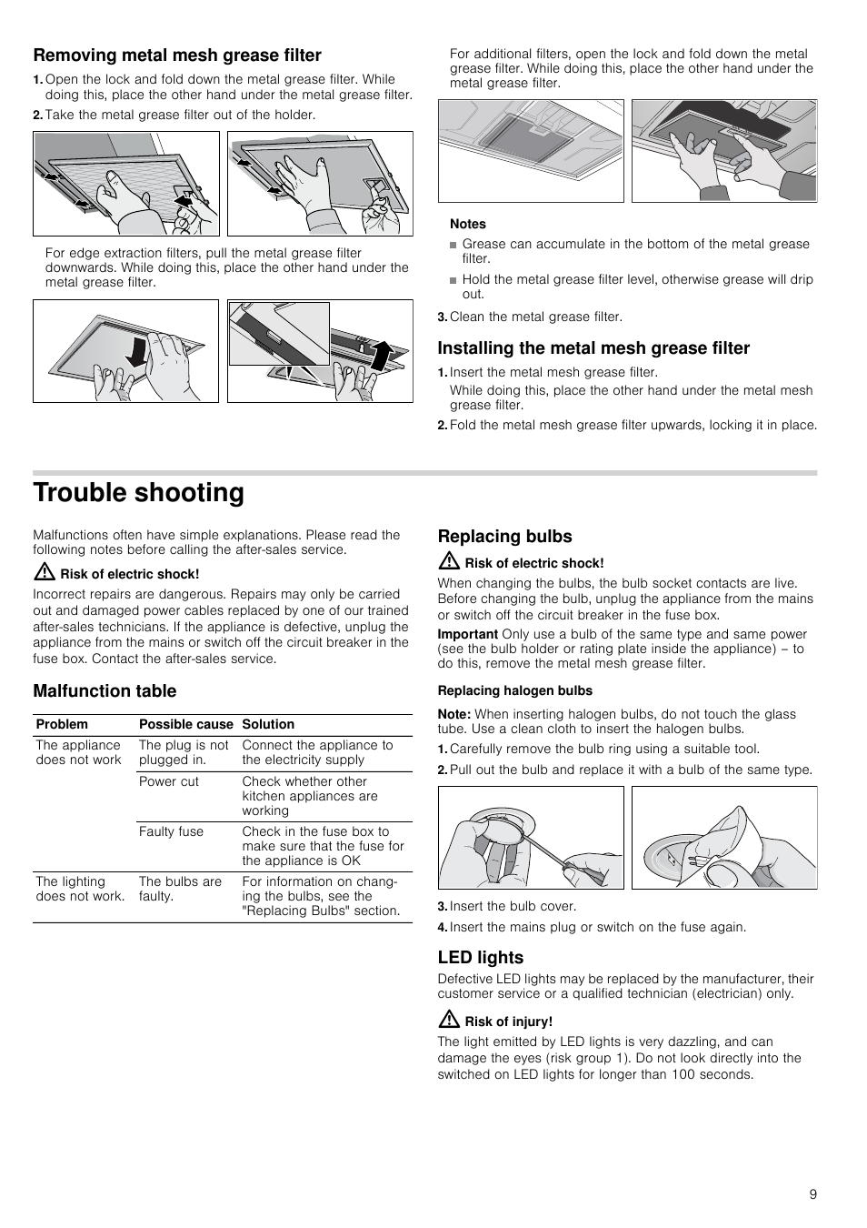 Removing metal mesh grease filter, Take the metal grease filter out of the holder, Notes | Clean the metal grease filter, Installing the metal mesh grease filter, Insert the metal mesh grease filter, Trouble shooting, Risk of electric shock, Malfunction table, Replacing bulbs | Neff D39GL64S0B User Manual | Page 9 / 16