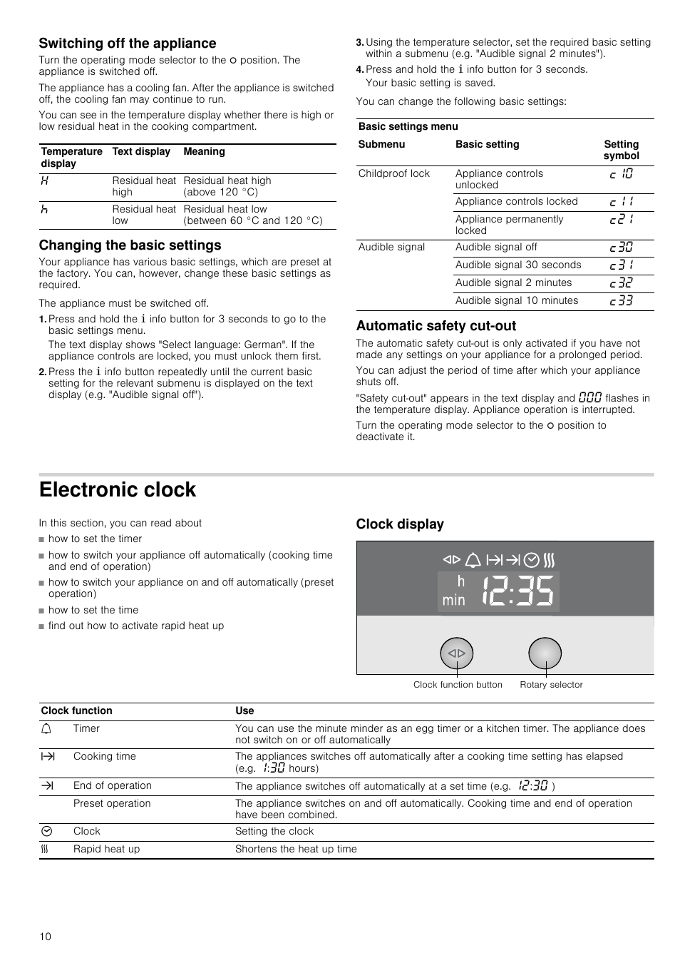 Switching off the appliance, Changing the basic settings, Press and hold the ± info button for 3 seconds | Automatic safety cut-out, Electronic clock, Clock display | Neff B46E74N3GB User Manual | Page 10 / 32