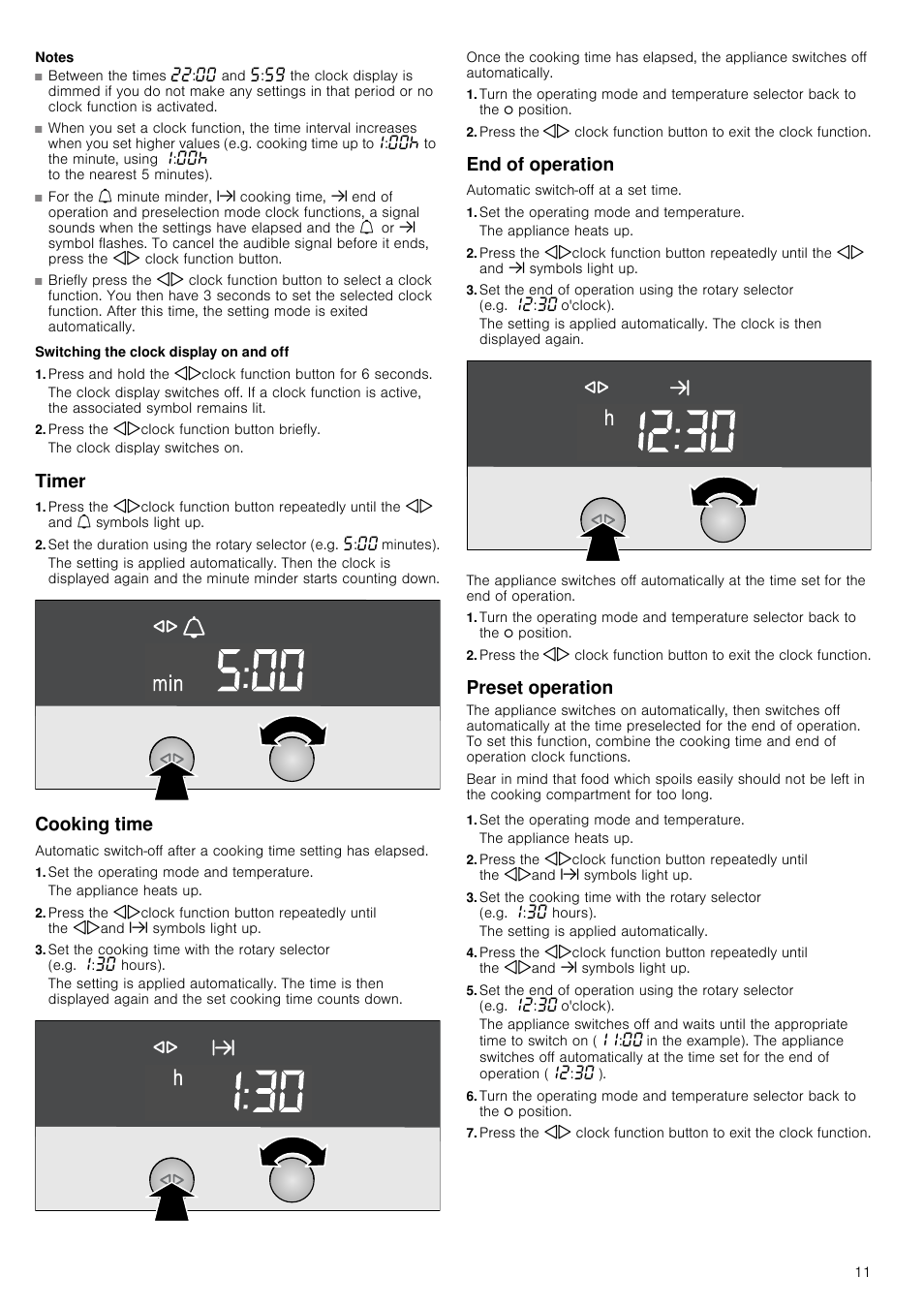 Notes, Switching the clock display on and off, Press the kjclock function button briefly | Timer, Cooking time, Set the operating mode and temperature, End of operation, Preset operation, Cooking time end of operation preset operation | Neff B46E74N3GB User Manual | Page 11 / 32