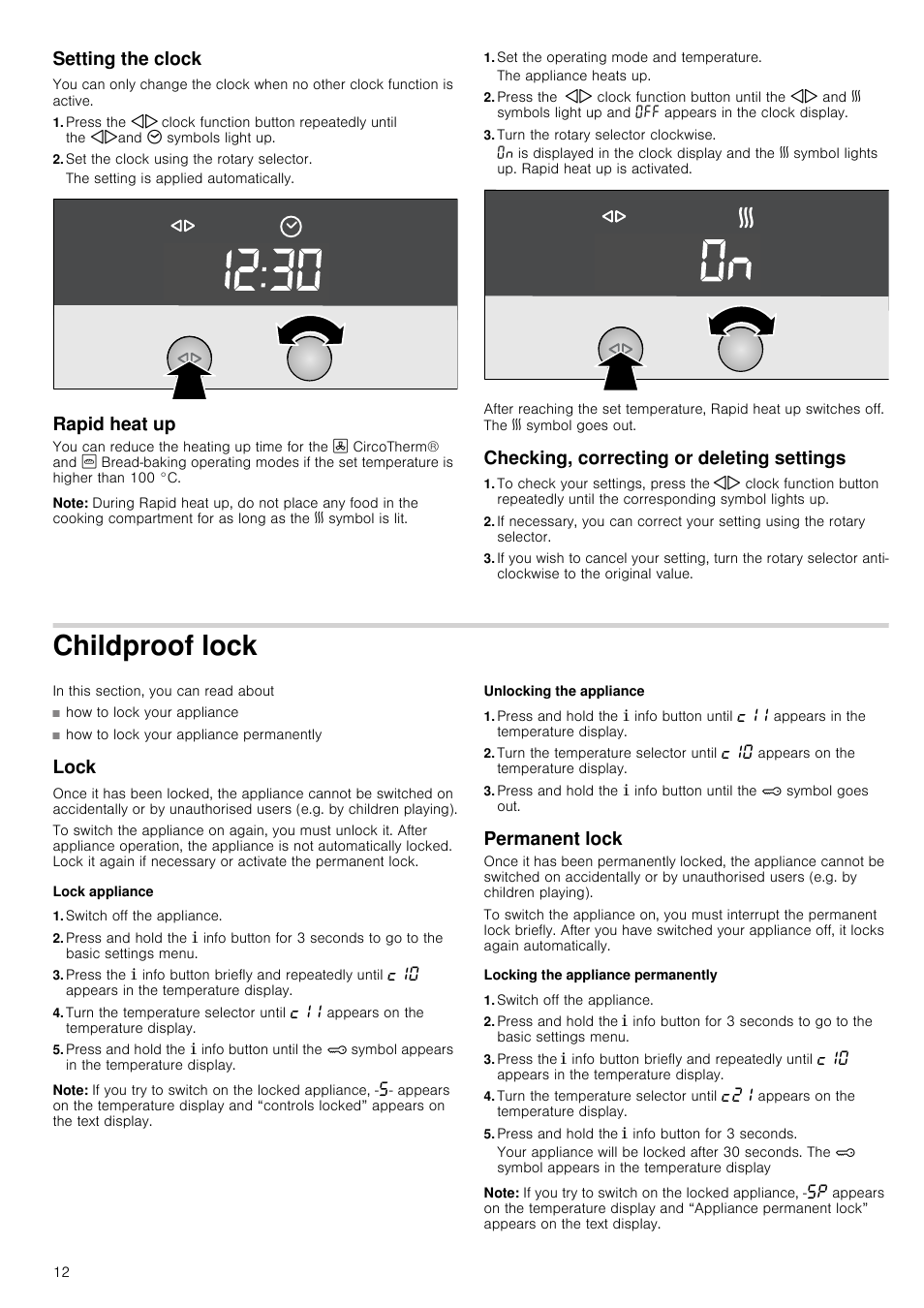 Setting the clock, Set the clock using the rotary selector, Rapid heat up | Note, Set the operating mode and temperature, Turn the rotary selector clockwise, Checking, correcting or deleting settings, Childproof lock, Lock, Lock appliance | Neff B46E74N3GB User Manual | Page 12 / 32