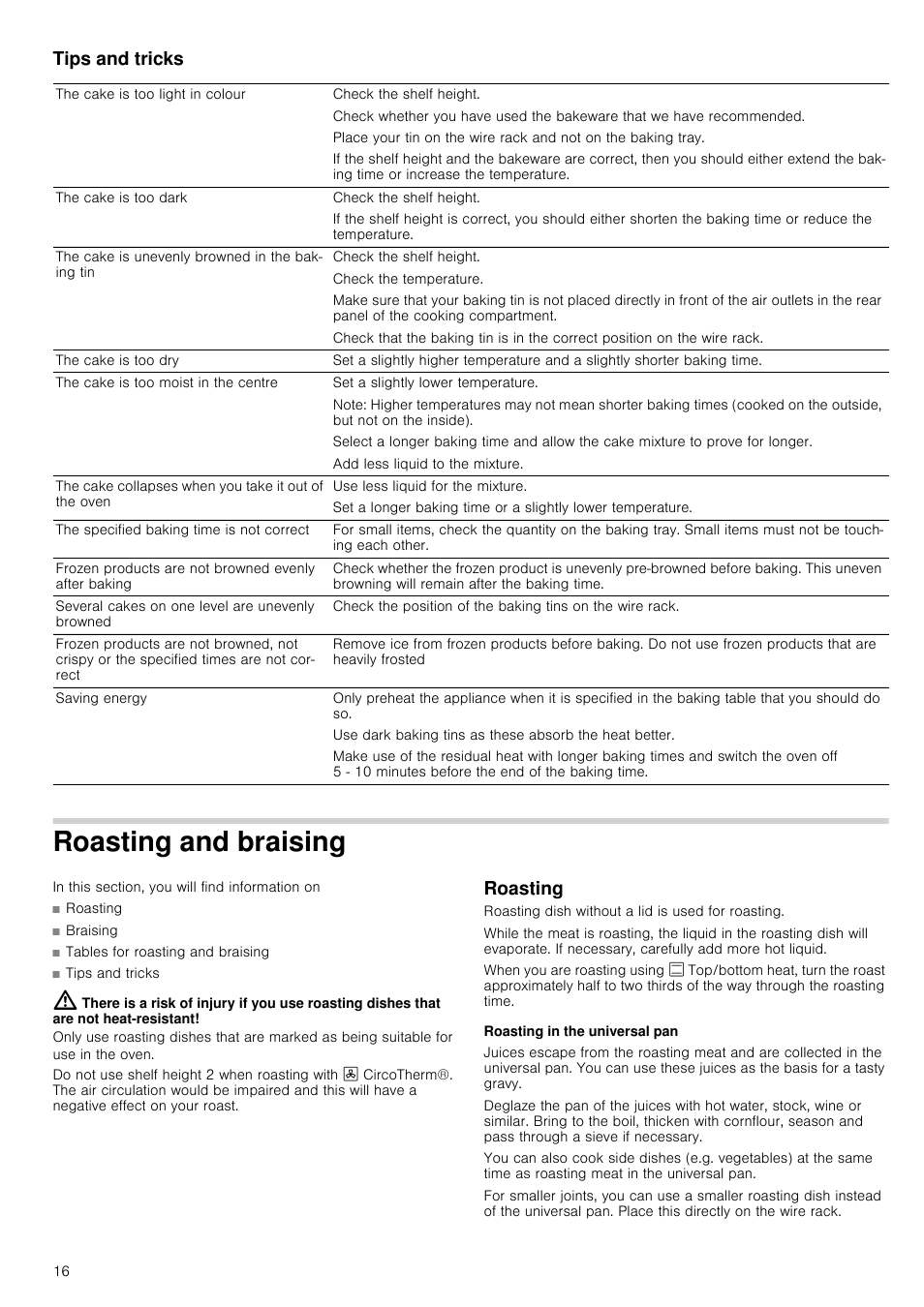 Tips and tricks, Roasting and braising, Roasting | Roasting in the universal pan | Neff B46E74N3GB User Manual | Page 16 / 32