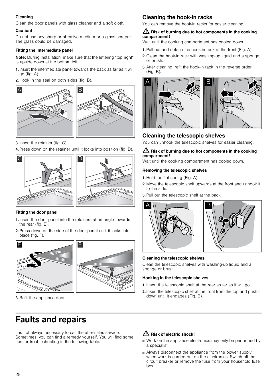 Cleaning, Caution, Fitting the intermediate panel | Note, Hook in the seal on both sides (fig. b), Insert the retainer (fig. c), Fitting the door panel, Refit the appliance door, Cleaning the hook-in racks, Cleaning the telescopic shelves | Neff B46E74N3GB User Manual | Page 28 / 32