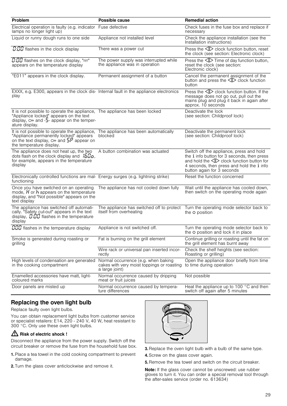 Replacing the oven light bulb, Risk of electric shock, Turn the glass cover anticlockwise and remove it | Screw on the glass cover again, Note | Neff B46E74N3GB User Manual | Page 29 / 32