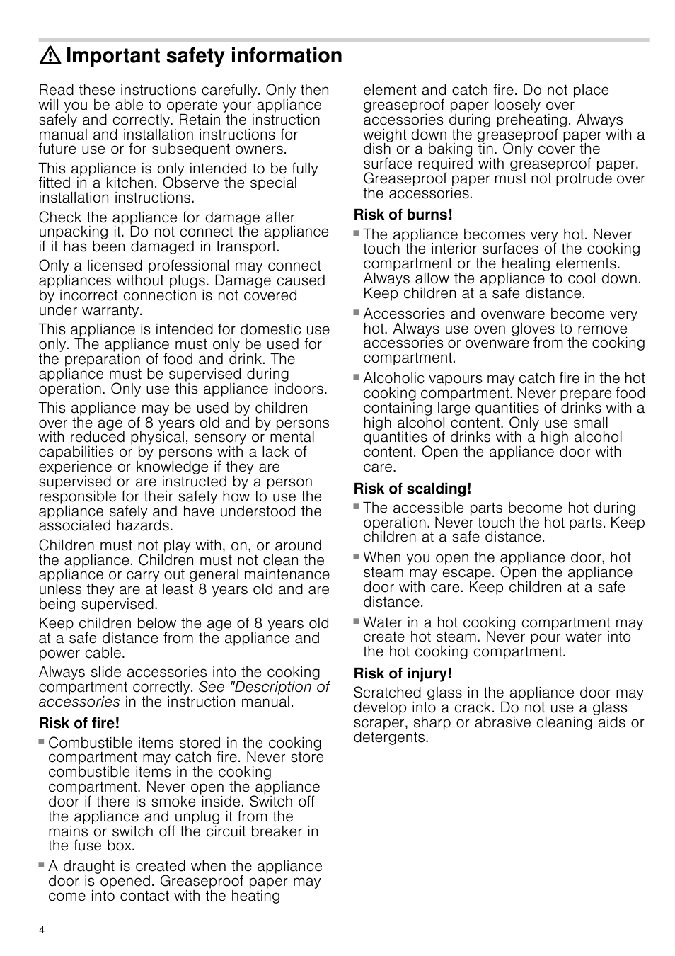 Important safety information, Risk of fire, Risk of burns | Risk of serious burns, Risk of scalding, Risk of injury, Ormation | Neff B46E74N3GB User Manual | Page 4 / 32