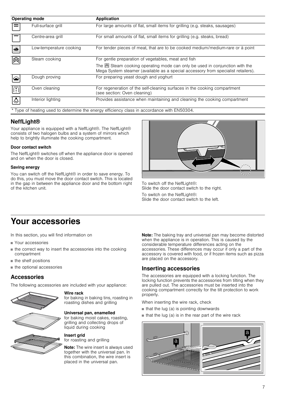 Nefflight, Door contact switch, Saving energy | Your accessories, Accessories, Note, Inserting accessories | Neff B46E74N3GB User Manual | Page 7 / 32