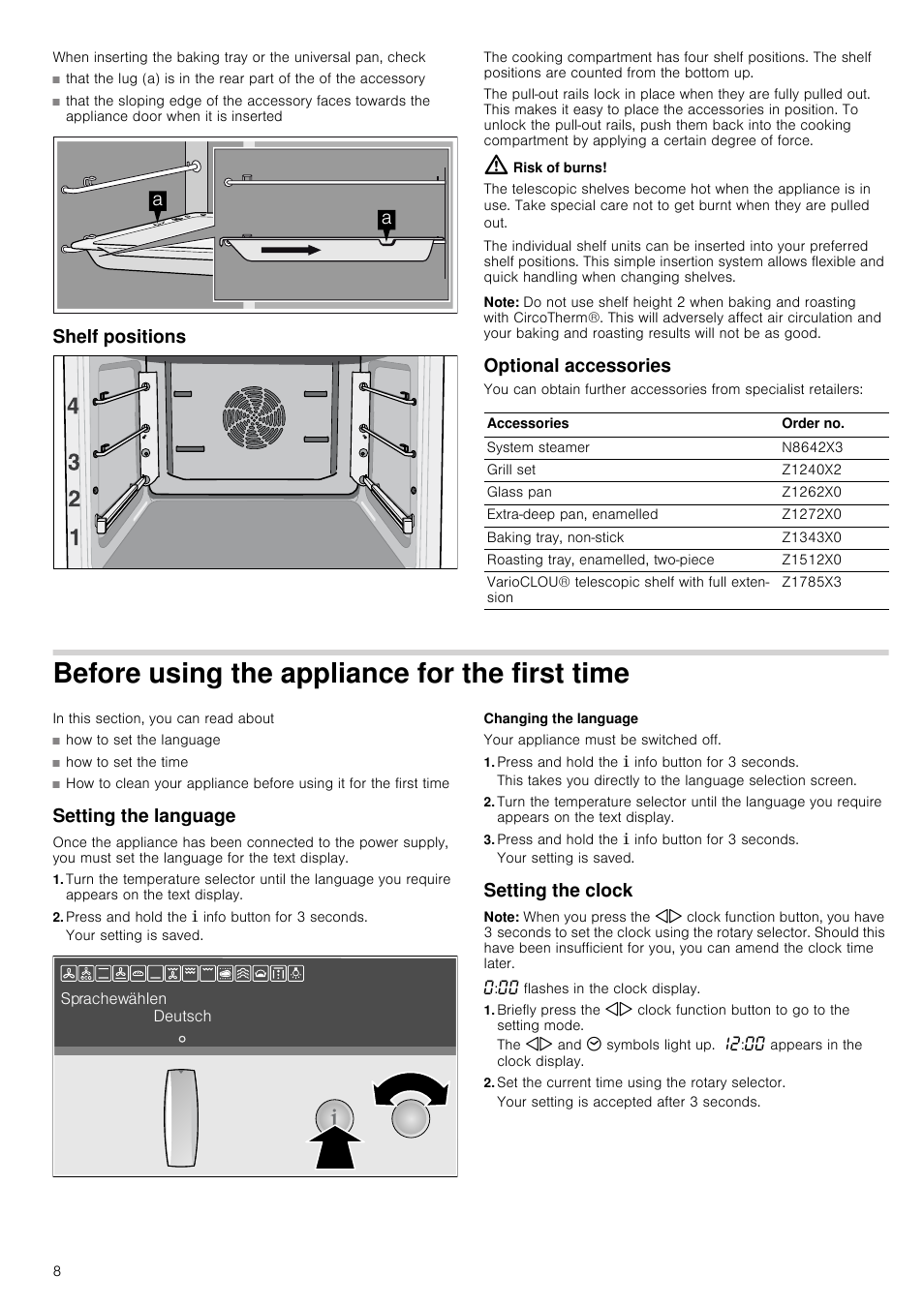 Shelf positions, Risk of burns, Note | Optional accessories, Before using the appliance for the first time, Setting the language, Press and hold the ± info button for 3 seconds, Changing the language, Setting the clock, Set the current time using the rotary selector | Neff B46E74N3GB User Manual | Page 8 / 32