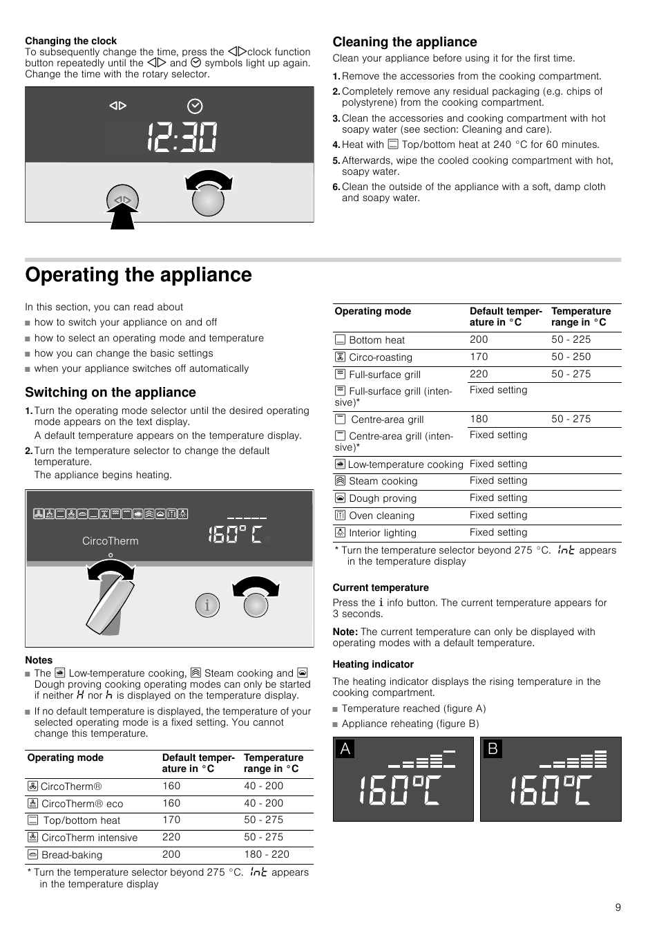 Cleaning the appliance, Operating the appliance, Switching on the appliance | Notes, Current temperature, Note, Heating indicator, Ating the appliance | Neff B46E74N3GB User Manual | Page 9 / 32