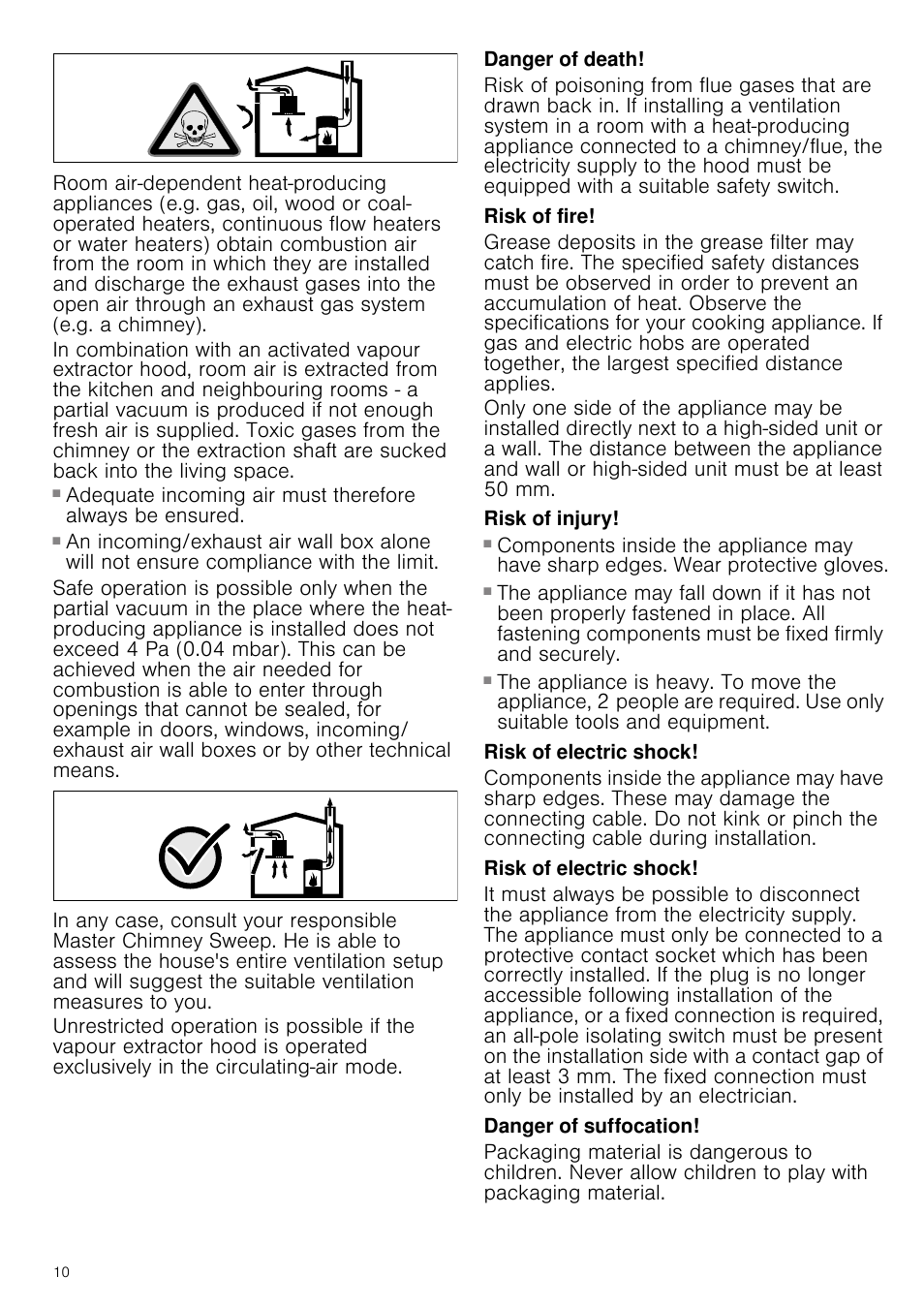 Danger of death, Risk of fire, Risk of injury | Risk of electric shock, Danger of suffocation | Neff D66B21S0GB User Manual | Page 10 / 16