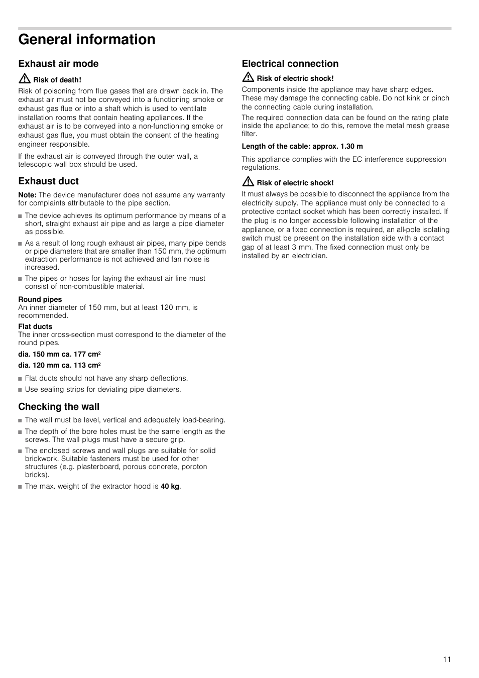 General information, Exhaust air mode, Risk of death | Exhaust duct, Note, Checking the wall, Electrical connection, Risk of electric shock, Exhaust air mode exhaust duct checking the wall | Neff D66B21S0GB User Manual | Page 11 / 16