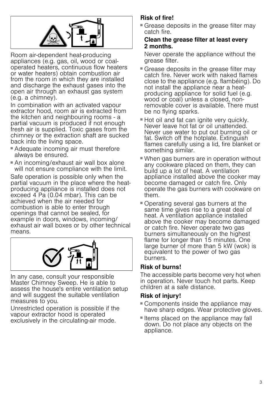 Risk of fire, Clean the grease filter at least every 2 months, Risk of burns | Risk of injury | Neff D66B21S0GB User Manual | Page 3 / 16