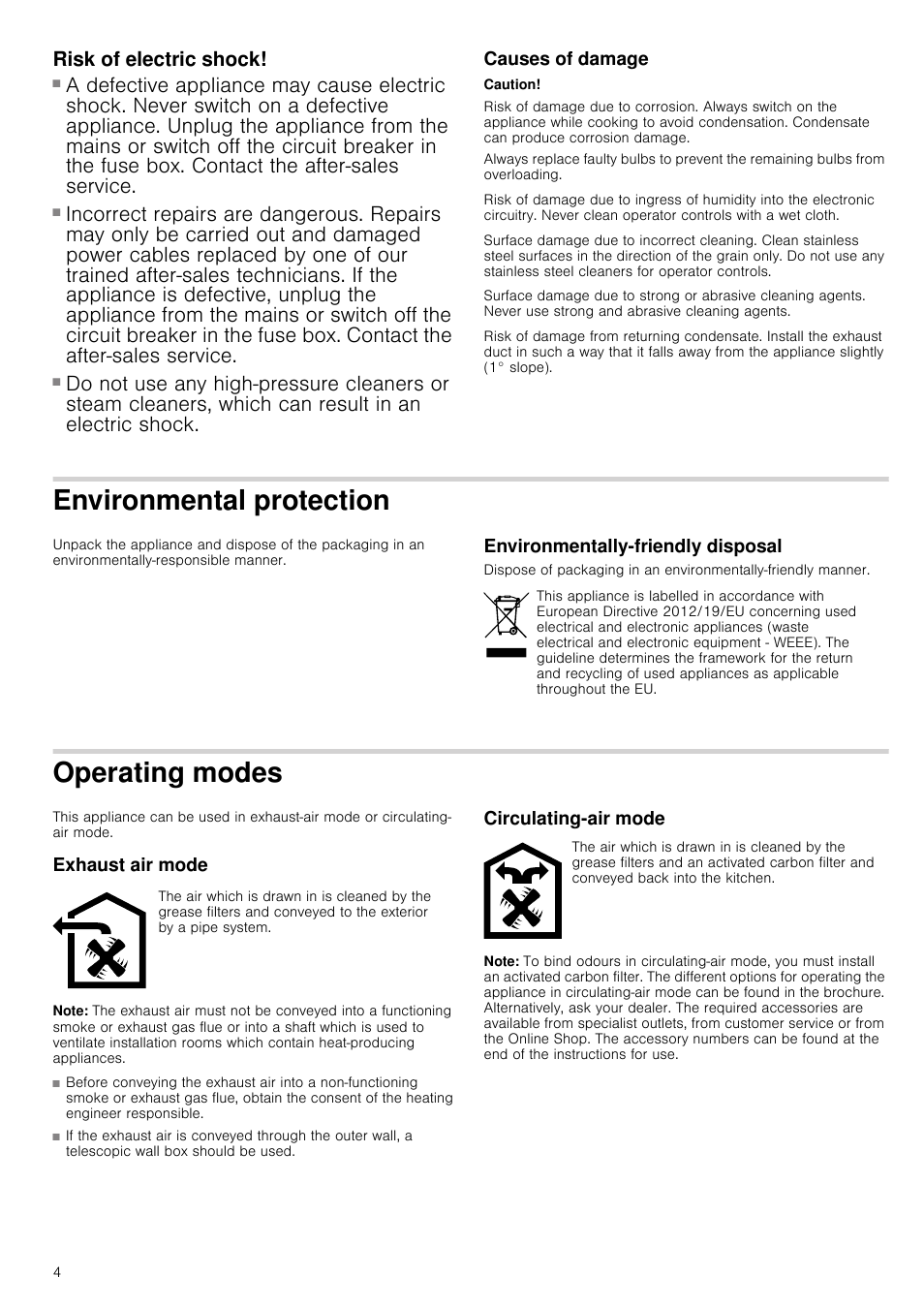 Risk of electric shock, Causes of damage, Caution | Environmental protection, Environmentally-friendly disposal, Operating modes, Exhaust air mode, Note, Circulating-air mode, Ating modes exhaust air mode circulating-air mode | Neff D66B21S0GB User Manual | Page 4 / 16