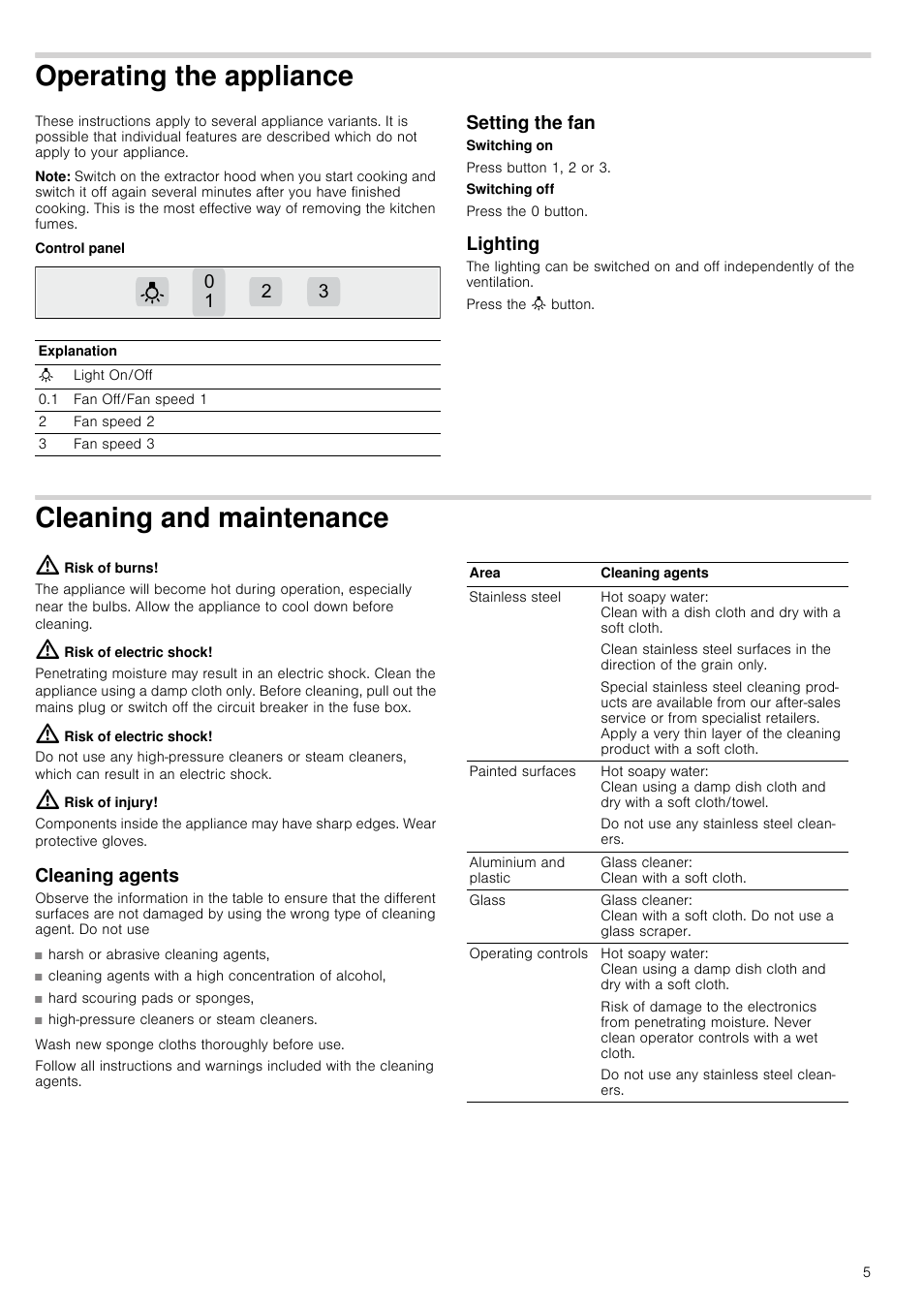 Operating the appliance, Note, Control panel | Setting the fan, Lighting, Cleaning and maintenance, Risk of burns, Risk of electric shock, Risk of injury, Cleaning agents | Neff D66B21S0GB User Manual | Page 5 / 16