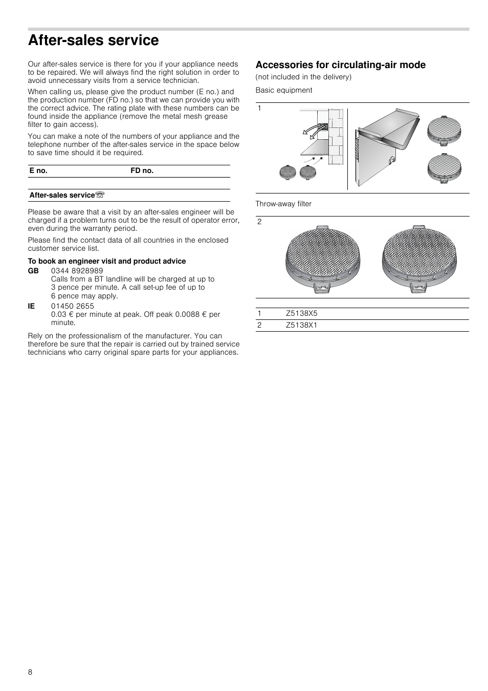 After-sales service, To book an engineer visit and product advice, Accessories for circulating-air mode | Vice accessories for circulating-air mode | Neff D66B21S0GB User Manual | Page 8 / 16